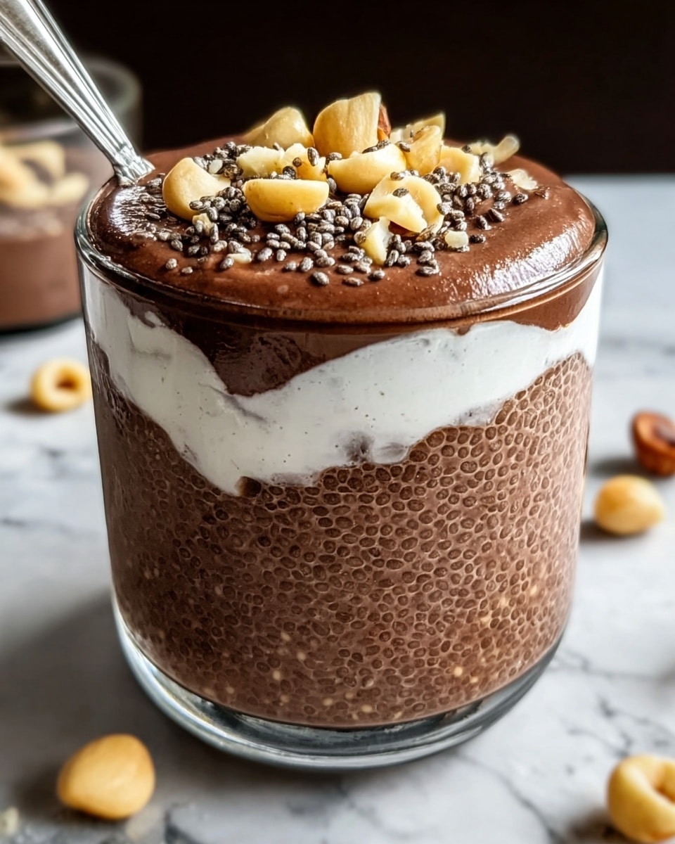 A clear glass cup filled with three visible layers: the bottom layer is a thick, rich chocolate chia pudding with a smooth, slightly bumpy texture, the middle layer is a fluffy, white creamy substance, and the top layer is a smooth, glossy chocolate spread. On top of all layers, there are small chia seeds and chopped light yellow nuts scattered, adding texture and color contrast. A silver spoon is placed inside the cup on the left side. The cup sits on a white marbled surface, with some scattered light yellow nuts nearby. Photo taken with an iphone --ar 4:5 --v 7