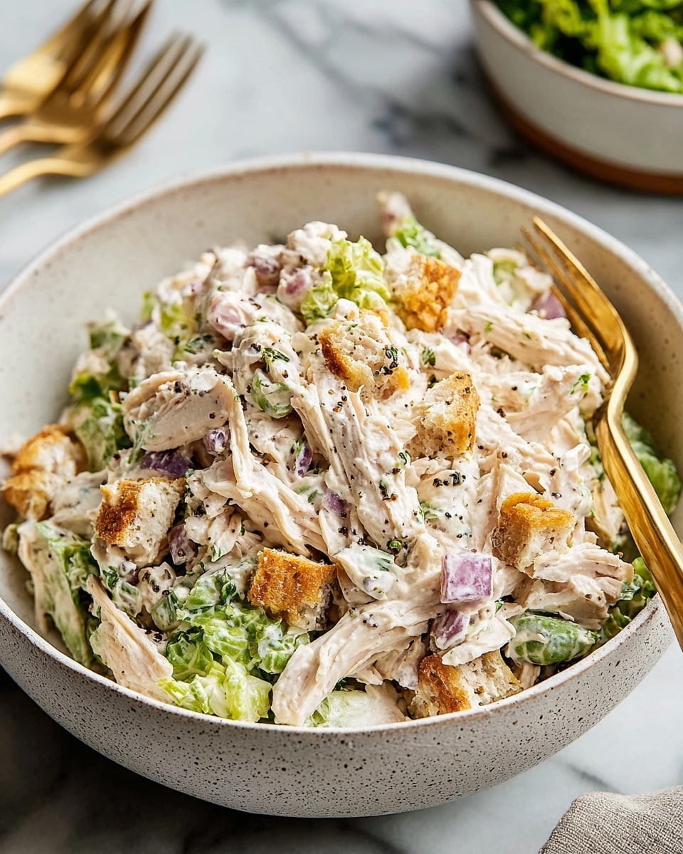 A bowl filled with a creamy chicken salad showing about three layers: the bottom layer has light green lettuce leaves, the middle layer is generous chunks of shredded white chicken mixed with small pieces of bright orange carrot and light green celery, all coated in a thick white sauce speckled with black pepper, and the top layer includes small diced pieces of purple-red onion scattered evenly. The bowl is white with a subtle speckled texture. A wooden spoon is sticking out from the right side of the bowl, resting on a white marbled surface with a cloth napkin beside it. photo taken with an iphone --ar 4:5 --v 7