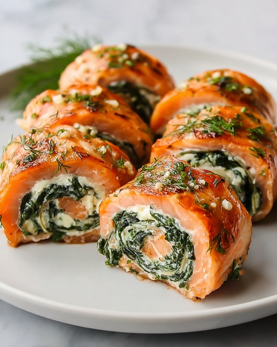 The image shows several salmon rolls filled with a creamy white cheese and dark green spinach mixture, stacked close together. Each roll has a shiny, orange-pink outer layer of cooked salmon with visible grill marks giving it a slightly charred texture. The inside shows one thick layer of the deep green spinach and white cheese mix, evenly spread and tightly rolled. Small green herb pieces are sprinkled on top of the rolls, adding detail and freshness. The dish rests on a white plate against a white marbled background. Photo taken with an iphone --ar 4:5 --v 7