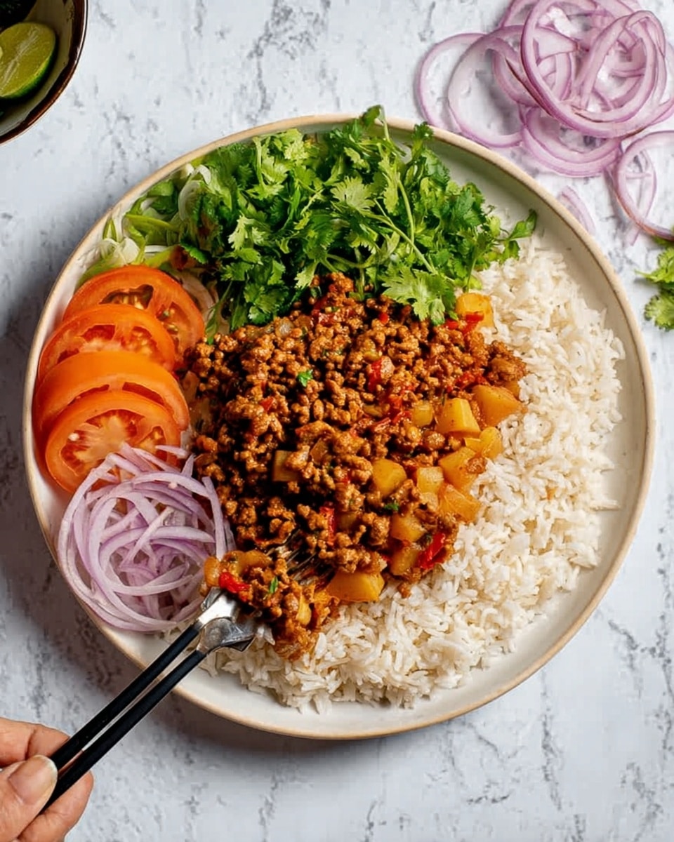 The dish shows a white round plate with three main sections. On the right side, there is a pile of cooked white rice with some grains visible. In the center, there is a thick layer of cooked ground meat mixed with small pieces of yellow potato and some red sauce, giving it a rich and chunky texture. On the left side, there is a colorful mix of fresh vegetables including green chopped cilantro, thin slices of purple onion, and slices of orange tomato arranged next to each other. A woman's hand holding a black fork and chopsticks is picking up some food from the plate. The plate is placed on a white marbled surface with some onion slices nearby. Photo taken with an iphone --ar 4:5 --v 7