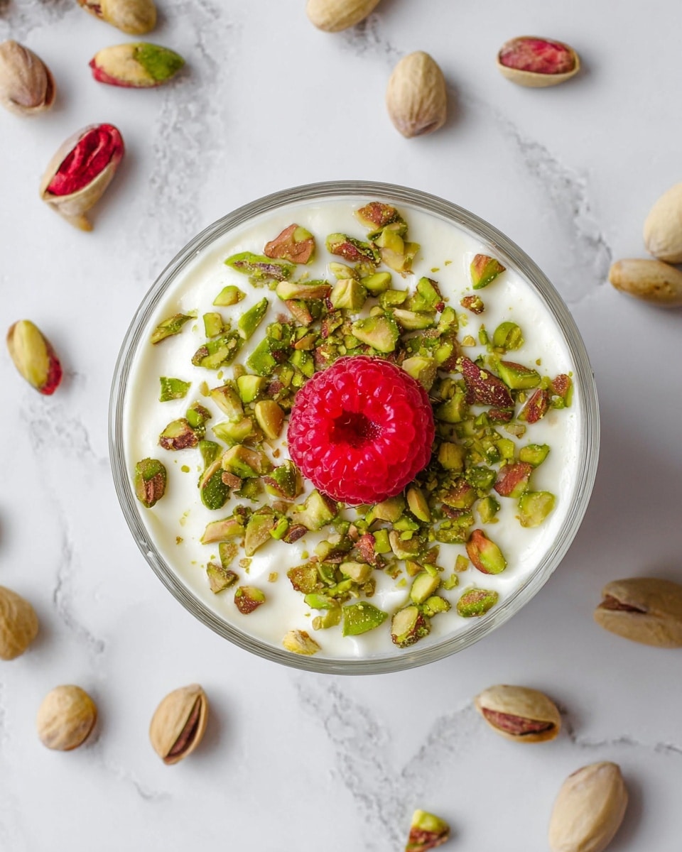 A small glass bowl filled with a creamy white layer topped with chopped green pistachios scattered evenly on the surface. In the center of the topping sits a single bright red raspberry, adding a pop of color and texture contrast. Around the bowl, whole pistachios are scattered on a white marbled surface. The scene is well-lit, showing the fresh and smooth textures of the creamy base and the nuts. photo taken with an iphone --ar 4:5 --v 7