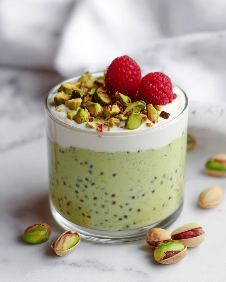 A small clear glass cup shows a three-layer dessert on a white marbled surface. The bottom layer is a smooth, light green mixture with small dark seeds evenly spread inside. In the middle is a thick, white creamy layer that looks soft and smooth. On top, chopped pistachios are scattered near the edges, with one bright red raspberry placed slightly off-center. A few whole pistachios lie in front of the cup, and the background is softly blurred with white cloth visible. Photo taken with an iphone --ar 4:5 --v 7