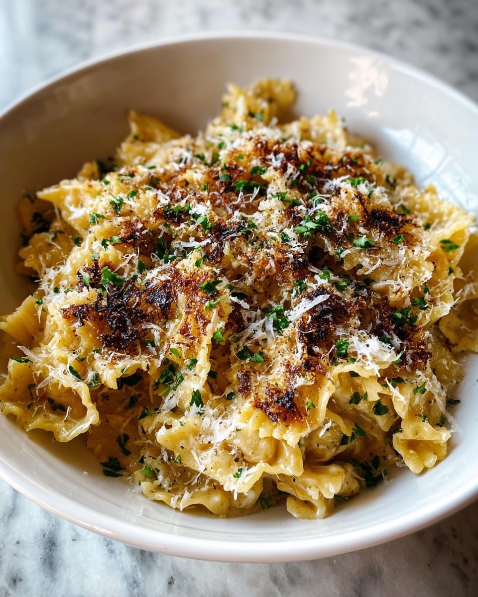 The dish shows a bowl filled with creamy pasta that has soft, wavy edges and a yellowish-beige color. The pasta is covered with a layer of browned, slightly charred bits that add a crispy texture. On top, there are small green pieces of chopped herbs evenly spread, and a light dusting of white grated cheese, adding contrast to the dish. The white bowl sits on a white marbled surface, giving a clean and bright setting. photo taken with an iphone --ar 4:5 --v 7