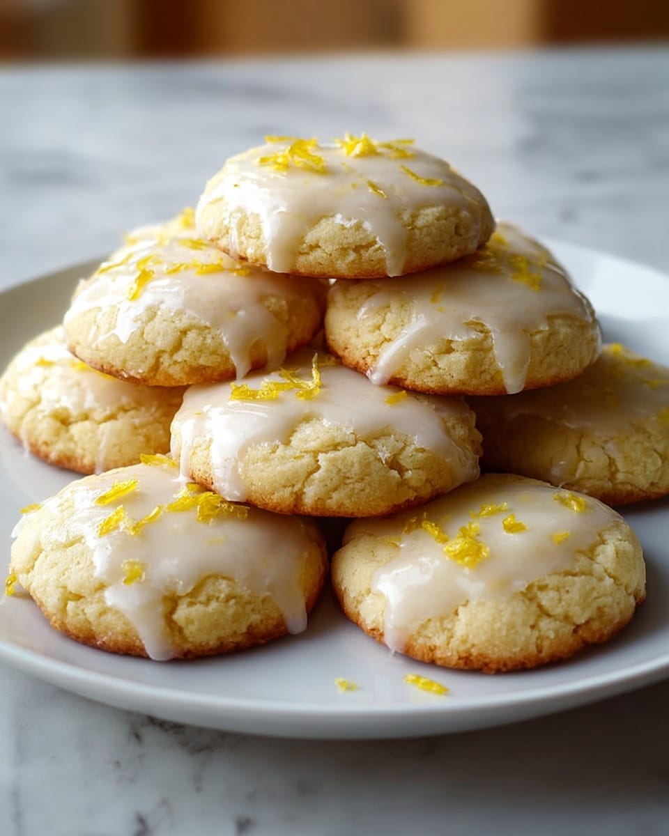 A white plate holds a stack of nine round lemon cookies, each topped with a shiny layer of white glaze that drips slightly down the edges, and small pieces of yellow lemon zest scattered on top. The cookies have a soft, crumbly texture with a light golden-brown bottom visible on some. The plate sits on a white marbled surface, with soft natural light coming from the right side, highlighting the texture and glaze on the cookies. Photo taken with an iphone --ar 4:5 --v 7