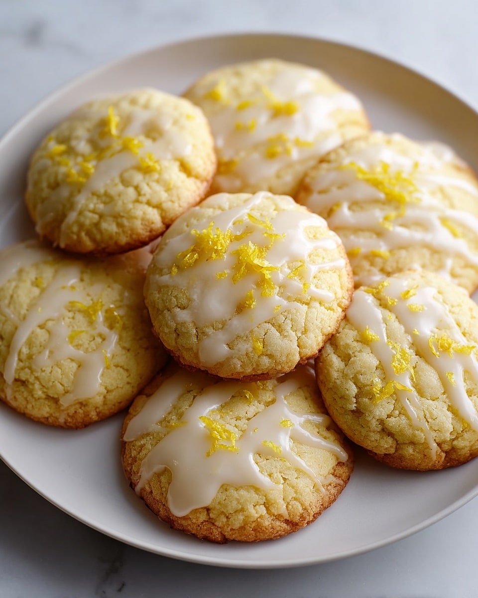 Six round, golden-yellow lemon cookies with a slightly cracked surface sit closely together on a white plate. Each cookie has a light drizzle of white icing on top that glistens softly, and small bits of yellow lemon zest are sprinkled over the icing, adding texture and color contrast. The cookies have a slightly darker browned edge, showing they are baked, while the center remains soft and crumbly. The plate rests on a white marbled surface, giving a clean and bright background. Photo taken with an iphone --ar 4:5 --v 7