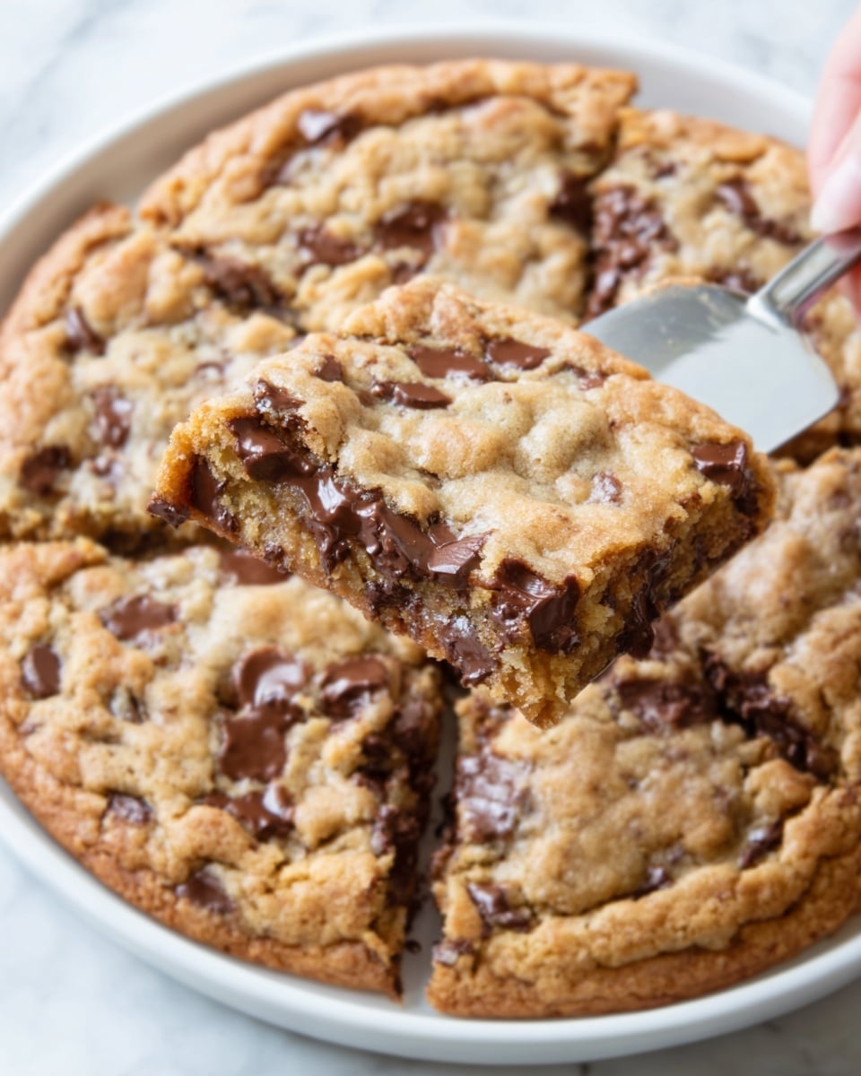A white plate holds a thick, golden-brown chocolate chip cookie that is slightly cracked on top, revealing a soft and chewy inside with visible melted chocolate chips. A woman's hand is lifting a large square piece of the cookie with a silver knife, showing the gooey texture. The cookie’s top layer is crispy and textured with small cracks, while the inner part looks moist in a lighter brown shade. The background is a white marbled texture, giving a clean and bright look. Photo taken with an iphone --ar 4:5 --v 7