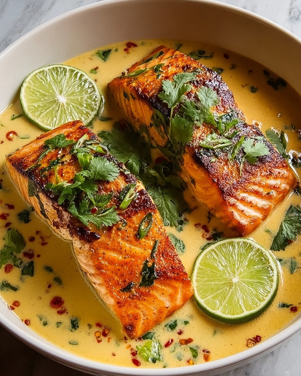 A white bowl holds two thick pieces of grilled salmon with golden-orange, slightly charred edges on top, covered partially with fresh green cilantro leaves. The salmon sits in a creamy yellow sauce with small herb bits and red chili flakes scattered around. There are two lime wedges resting in the sauce, adding a bright green color and freshness to the dish. The background is a white marbled texture. photo taken with an iphone --ar 4:5 --v 7