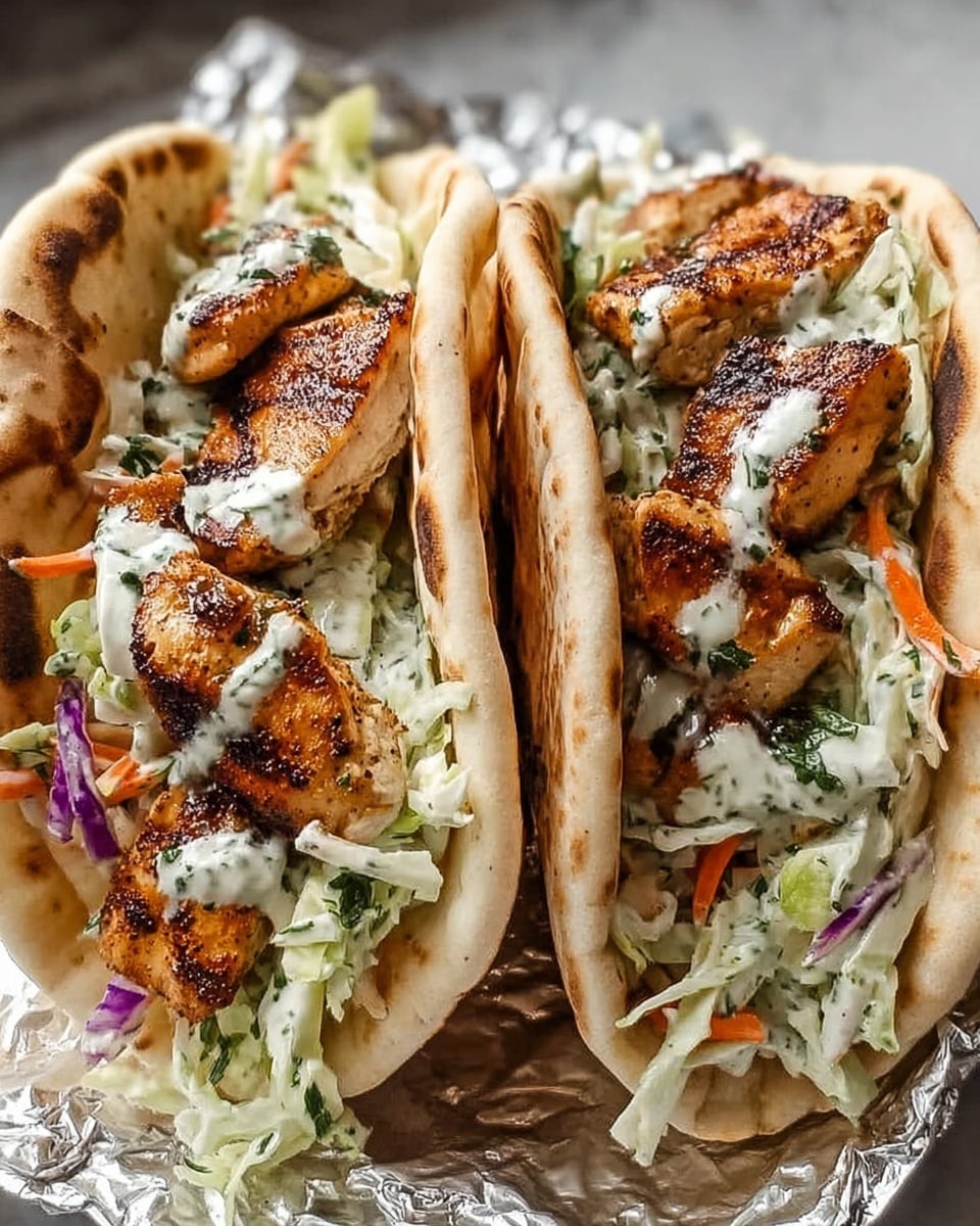 The image shows two pita sandwiches placed side by side on a shiny foil surface over a white marbled background. Each sandwich has a soft, toasted, slightly charred pita bread folded open, revealing three main layers inside: the top layer consists of golden-brown grilled chicken pieces with visible grill marks, the middle layer is a creamy, white dressing drizzled over the filling, and the bottom layer is a fresh slaw of shredded green cabbage, thin carrot strips, and bits of purple cabbage, all lightly coated with herbs. The texture of the pita is soft with a slight crispness on the edges, and the slaw looks fresh and crunchy, adding color contrast within the sandwiches. photo taken with an iphone --ar 4:5 --v 7
