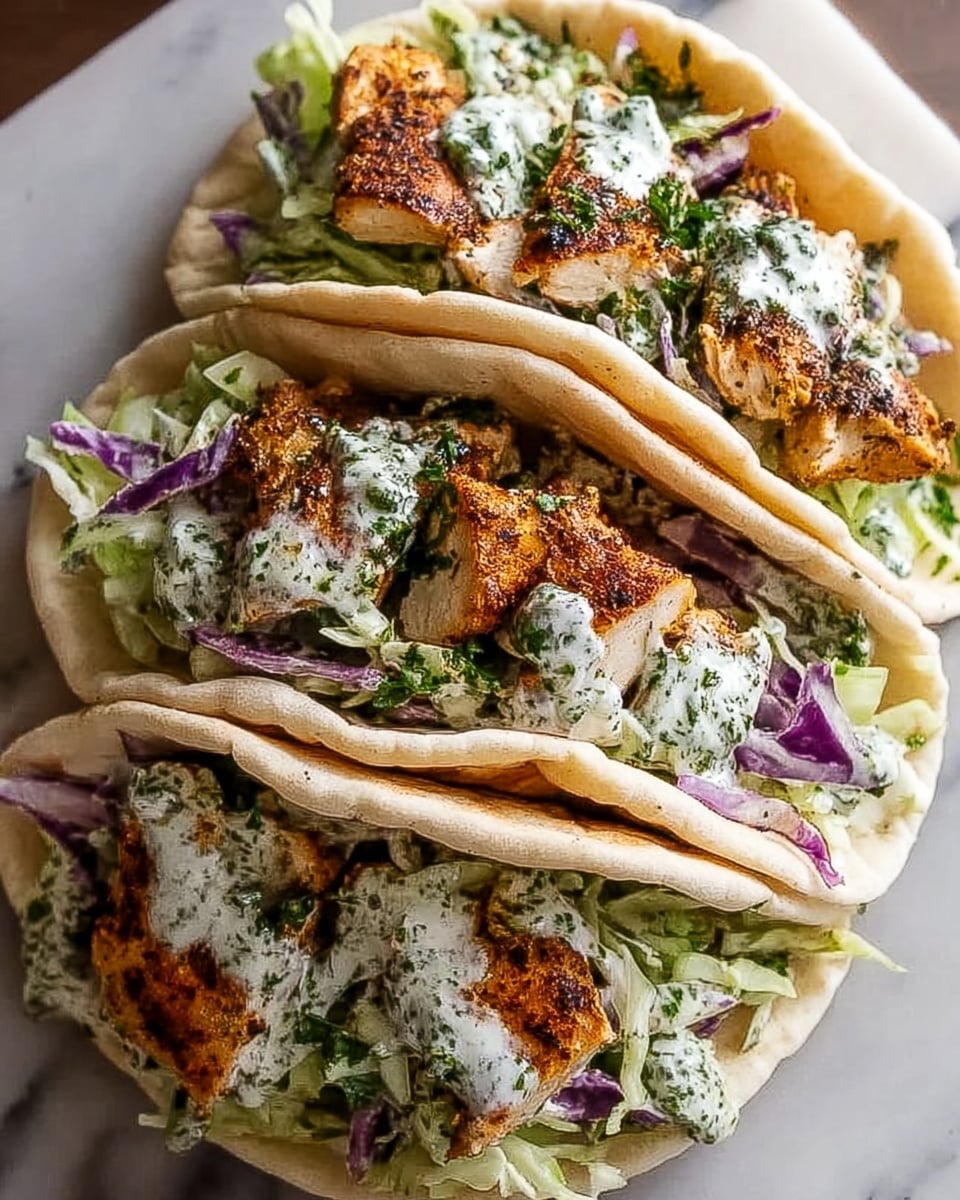 Three flat pita breads folded in half rest next to each other, each filled with two layers. The bottom layer is a mix of shredded green cabbage and thin red onion strips, covered with a creamy white sauce speckled with green herbs. The top layer has pieces of grilled chicken with a golden-brown, slightly charred outside, showing juicy white inside meat. The food sits on a white marbled surface, with a soft natural light highlighting the textures. Photo taken with an iphone --ar 4:5 --v 7