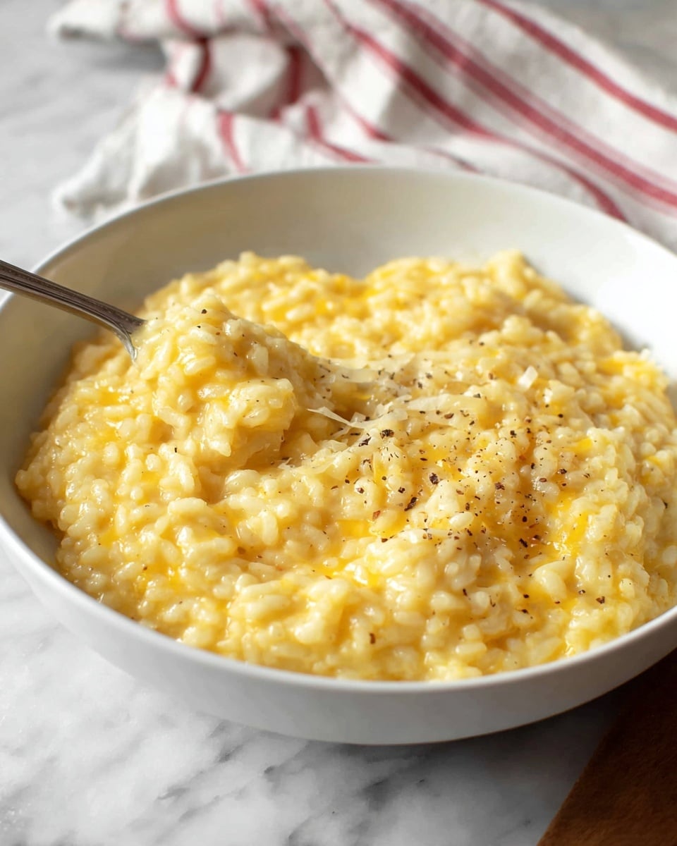 A white bowl filled with creamy yellow risotto mixed with melted cheese forming a soft, textured surface with rice grains visible throughout; small specks of black pepper are sprinkled on top, adding contrast; a silver fork dips into the risotto from the left side, partly lifting some creamy rice; the bowl sits on a white marbled surface and a folded cloth with red and white stripes is softly blurred in the background. photo taken with an iphone --ar 4:5 --v 7