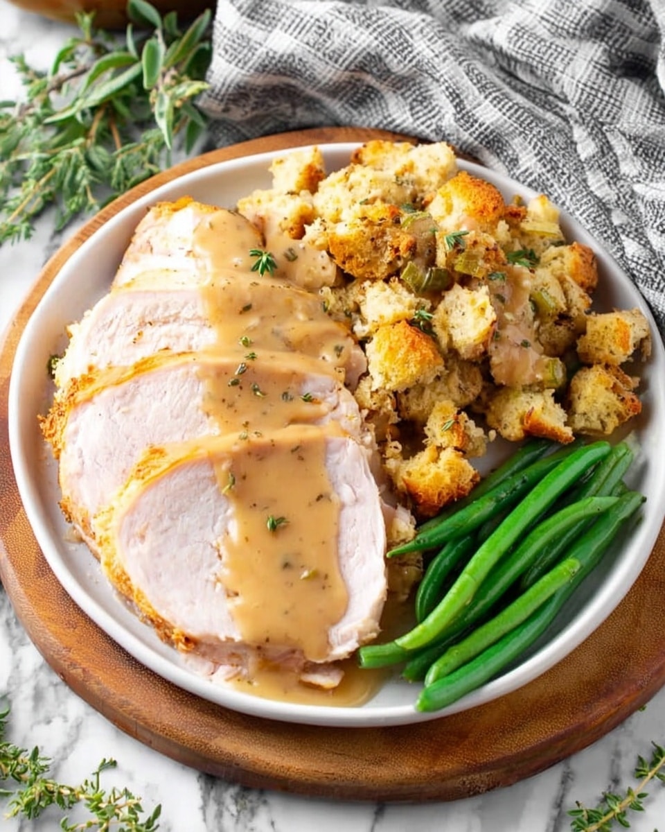 A white plate on a round wooden board holds a meal with three main parts: On one side, there are two thick slices of light pink turkey covered with smooth, light brown gravy. Next to the turkey is a heap of golden brown stuffing made of bread chunks and small green vegetable pieces, also topped with gravy. On the other side of the plate is a small pile of bright green beans, plain and fresh. The plate sits on a white marbled surface with a grey and white checkered cloth and some green herbs in the background. photo taken with an iphone --ar 4:5 --v 7