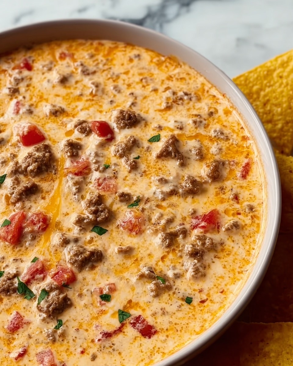 A close-up view of a creamy cheesy dip served in a white bowl with a smooth orange-yellow cheese layer mixed with small chunks of browned ground meat and bits of red tomato scattered evenly throughout. Small green herb pieces are sprinkled on top, adding contrast. Three triangular yellow chips are placed at the edge of the bowl, peeking out against a white marbled surface. The texture of the dip looks rich and gooey with visible melted cheese strands. Photo taken with an iphone --ar 4:5 --v 7