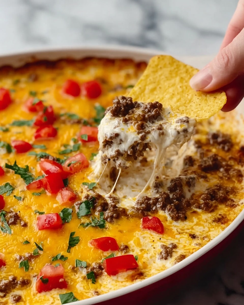 A white oval dish filled with four layers: the bottom layer is creamy and white, covered by a thick layer of cooked ground beef pieces mixed with melted yellow cheese; this is topped with small red tomato chunks and green parsley leaves scattered across the surface. A woman's hand holds a yellow tortilla chip scooping up a stringy, gooey mixture of cheese and beef from the dish. The background shows a white marbled surface. photo taken with an iphone --ar 4:5 --v 7