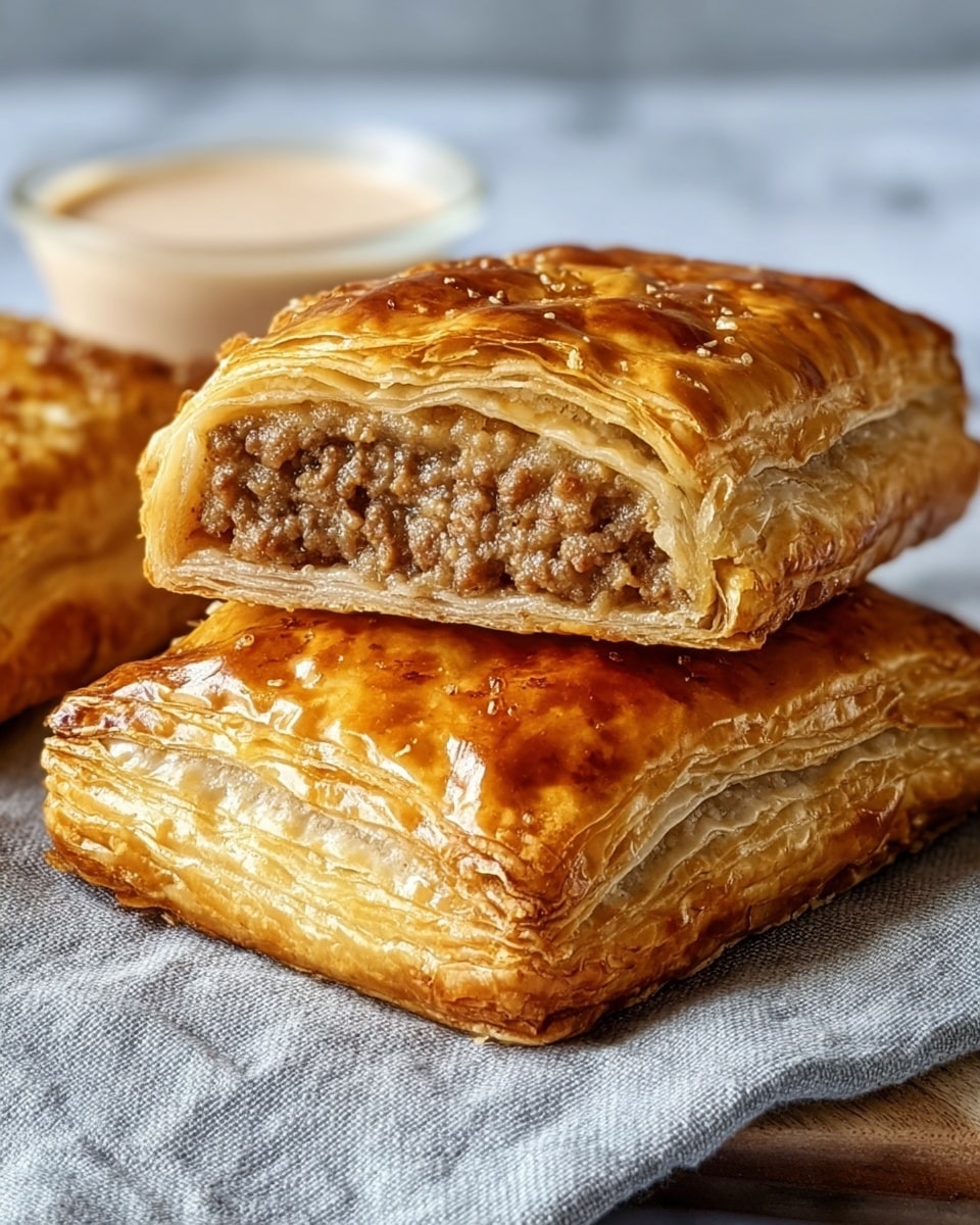 The image shows two golden brown, flaky pastry pockets stacked on white parchment paper over a white marbled surface. One pastry is cut in half, revealing three layers inside: a shiny, crispy top crust with a slightly wrinkled texture, a thick layer of melted, light yellow cheese in the middle, and a ground beef filling at the bottom with a coarse texture and rich brown color. A small bowl of creamy sauce and a striped towel are placed beside the pastries on the right side. Photo taken with an iphone --ar 4:5 --v 7