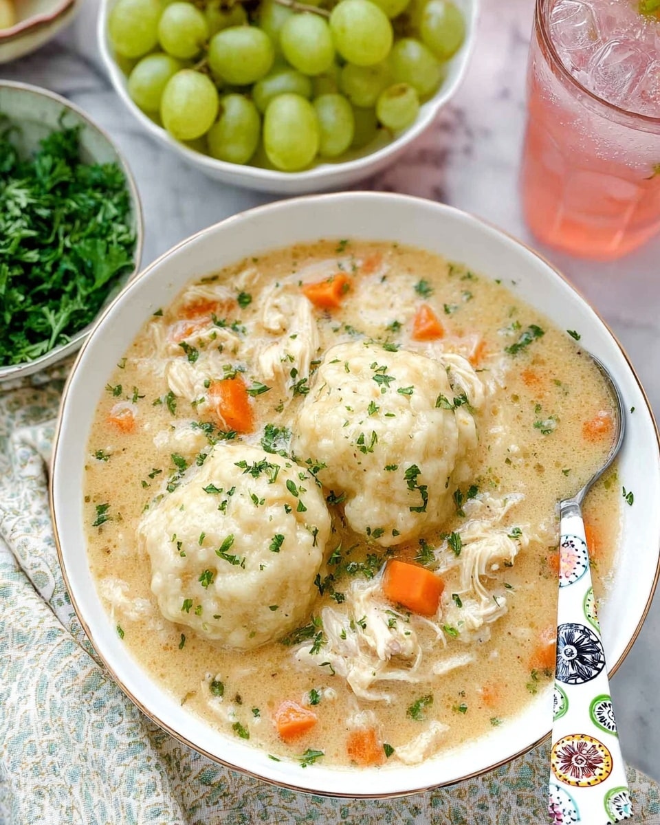 A white bowl filled with creamy chicken and dumplings soup showing three large dumplings on top, soft and pale with a slightly bumpy texture sprinkled with finely chopped green herbs; beneath the dumplings, visible pieces of shredded white chicken and small orange carrot cubes swim in a thick, beige broth flecked with green herbs. A white spoon with a black floral pattern and colorful circular designs rests partially inside the bowl on the right side. Around the bowl, there is a small white bowl of light green grapes at the top left and a white bowl filled with fresh green leafy herbs at the left edge. To the top right, there is a glass filled with iced pink drink. All items sit on a light patterned cloth on top of a white marbled surface. photo taken with an iphone --ar 4:5 --v 7