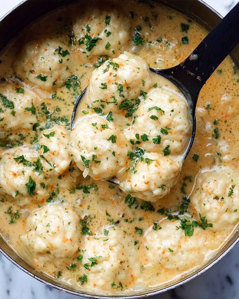 The image shows a pot filled with fluffy, round dumplings sitting in a thick, creamy stew. Each dumpling is pale golden with a slightly textured and soft surface, speckled with small herbs. The stew is a light tan color with visible bits of cooked onion and small herbs, giving the liquid a rich and hearty look. Bright green chopped parsley is sprinkled generously on top, adding color contrast. A black ladle is partially dipped into the stew, lifting one dumpling. The pot is set on a white marbled surface, highlighting the warm tones of the dish. photo taken with an iphone --ar 4:5 --v 7