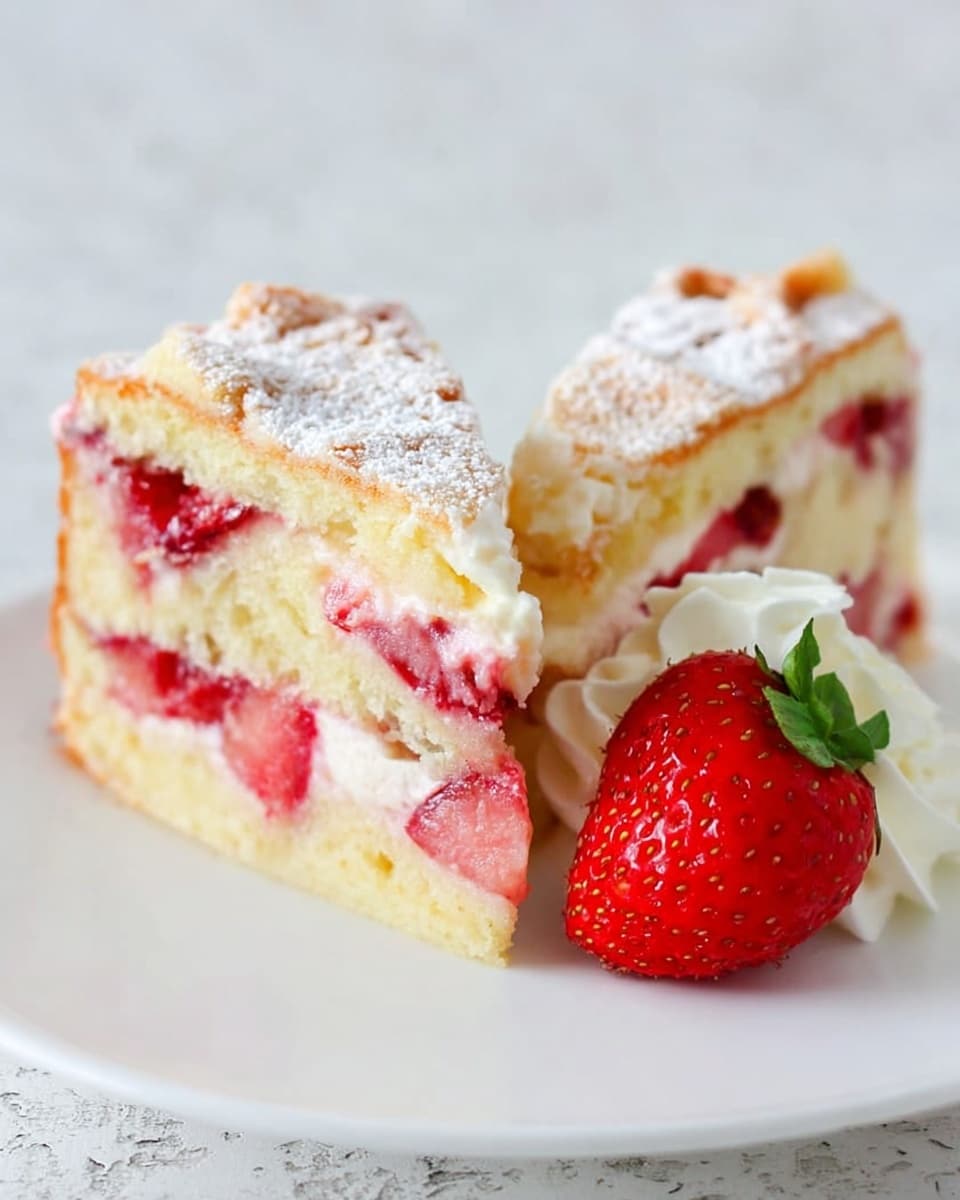 The image shows a round baked strawberry cake in a metal pan, placed on a cooling rack over a white marbled surface. The cake has one thick layer with a golden-brown, slightly cracked crust, sprinkled with a layer of white powdered sugar. Bright red strawberry pieces are visible, partially sunken into the cake, evenly spread throughout the surface, creating a mix of red and golden-brown colors. The texture looks soft and moist, with strawberries peeking through the crust in multiple spots. Photo taken with an iphone --ar 4:5 --v 7