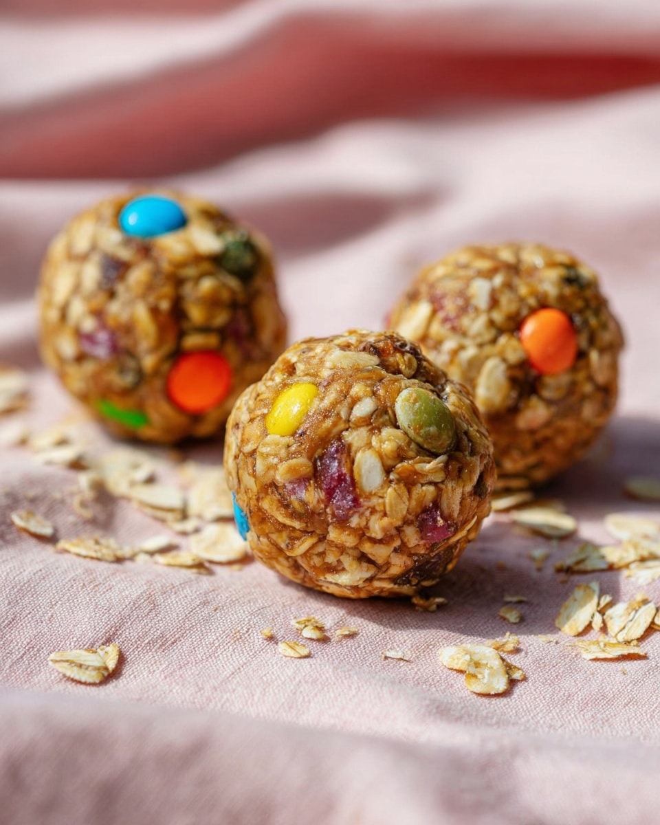 Three round energy balls made of oats and mixed nuts with colorful candy pieces embedded, showing textures of grains and nuts. Each ball is tightly packed with visible flakes and seeds, placed on a soft pink cloth with small oat fragments around them. The lighting is natural and bright, highlighting the rough but compact surface of the balls. Photo taken with an iphone --ar 4:5 --v 7