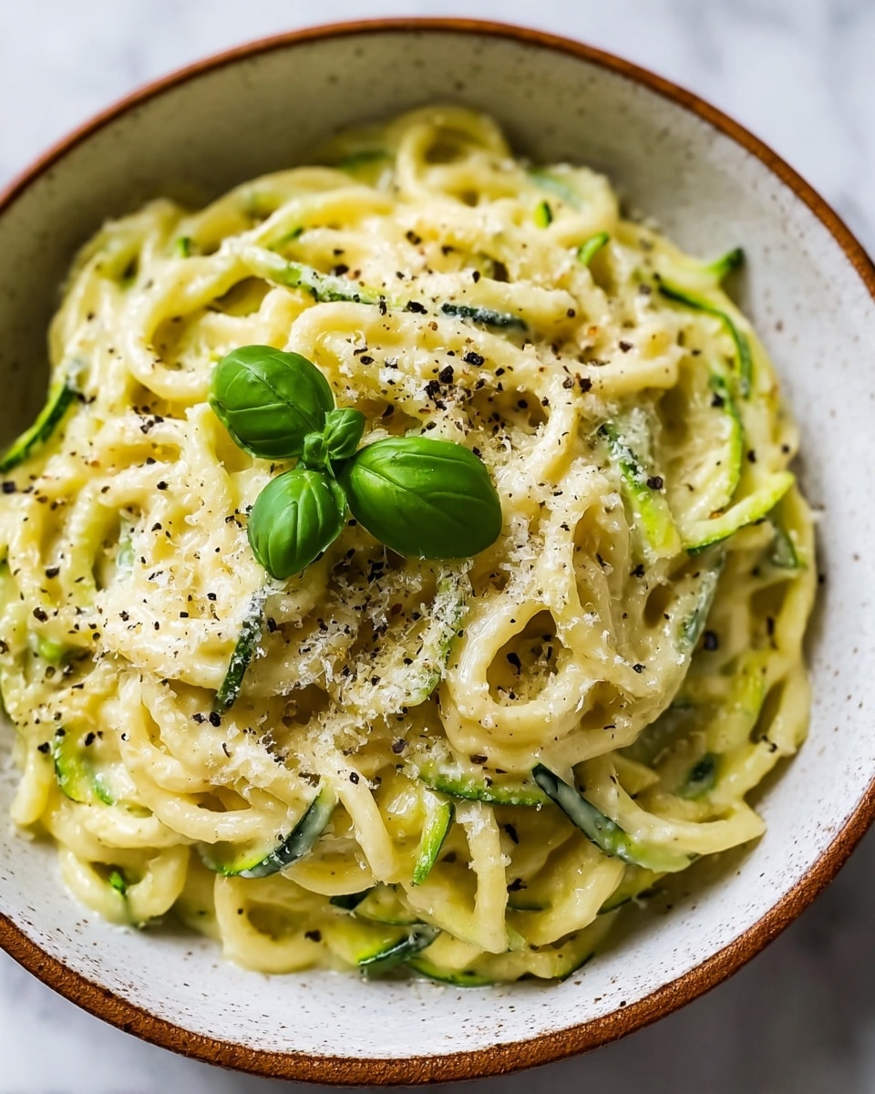 A close-up view of a bowl filled with creamy pasta made of thick, twisted noodles coated in a pale yellow sauce mixed with thin green zucchini strips. On top, there is a sprinkling of grated white cheese and cracked black pepper, adding rough texture and dark specks. Two fresh green basil leaves rest on the pasta, adding a pop of vibrant color near the center. The bowl is white with a speckled texture and a brown rim, placed on a white marbled surface. photo taken with an iphone --ar 4:5 --v 7