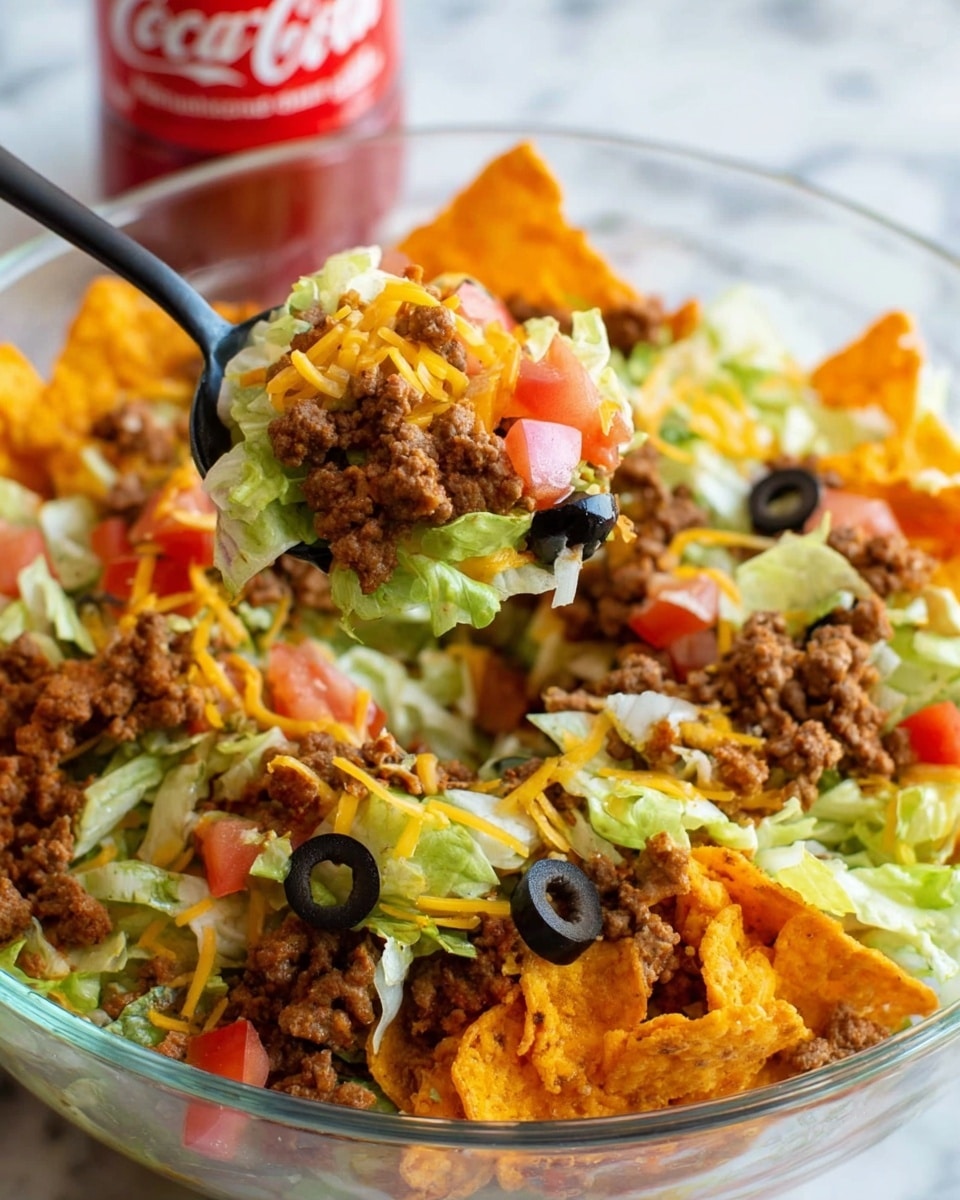 A large clear glass bowl sits on a white marbled surface, filled with a layered taco salad. The bottom layer is bright orange crispy tortilla chips scattered unevenly. On top, there is a mix of finely chopped green lettuce and small red tomato pieces, alongside dark black olive slices. Ground brown cooked beef is sprinkled generously throughout the salad. Orange shredded cheddar cheese is scattered over the ingredients, adding texture. Two light wooden salad spoons are placed in the bowl, ready to serve. photo taken with an iphone --ar 4:5 --v 7