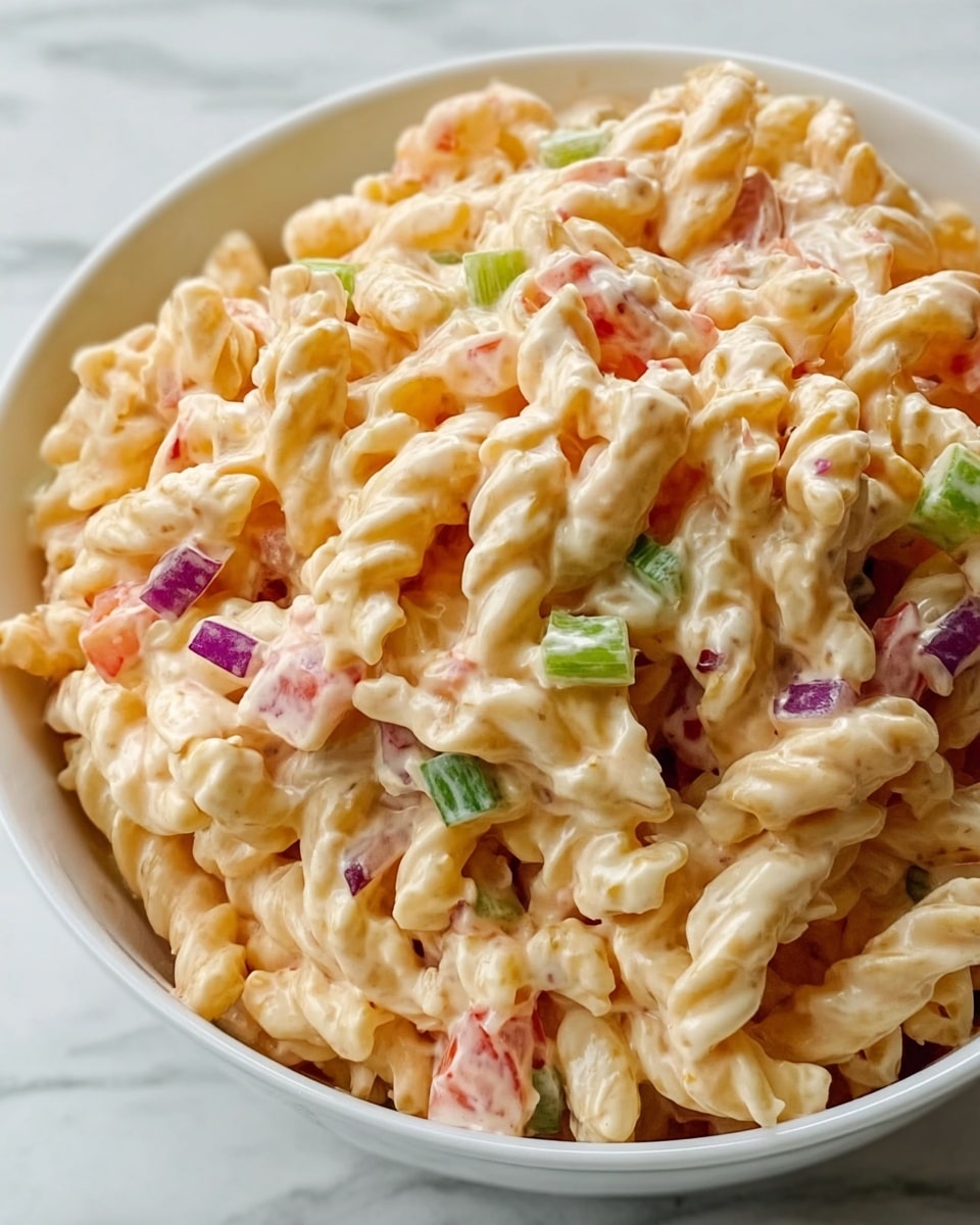 A close-up view of a white bowl filled with creamy pasta salad made of twisted macaroni coated in a light orange creamy dressing. The salad shows several layers of ingredients mixed in: pale yellow macaroni forming the main body, small pieces of green celery, thin slices of purple-red onion, and tiny bits of red tomato scattered throughout. The texture looks smooth from the creamy sauce, with soft pasta and crunch from the vegetables. The bowl rests on a white marbled surface. photo taken with an iphone --ar 4:5 --v 7