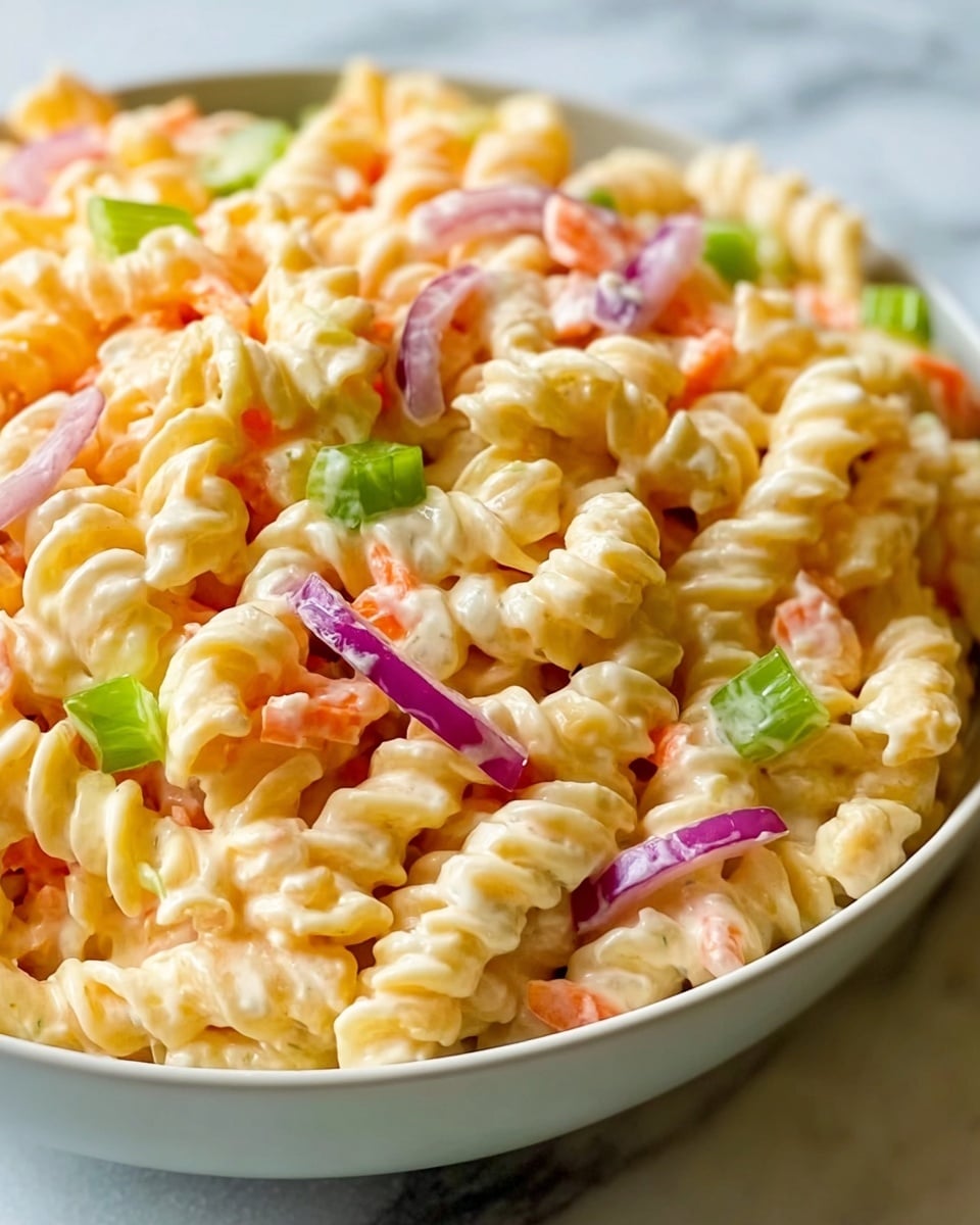 A close-up view of a bowl filled with creamy pasta salad, showing three main layers of ingredients mixed together. The first layer consists of pale yellow spiral pasta coated evenly with a light creamy sauce. The second layer includes small diced green celery pieces scattered throughout, adding fresh color and texture. The third layer features thin slices of red onions and small bits of orange carrots, which are spread evenly on top and around the pasta, giving a pop of brightness. The salad is served in a white bowl, resting on a surface with a white marbled texture. photo taken with an iphone --ar 4:5 --v 7