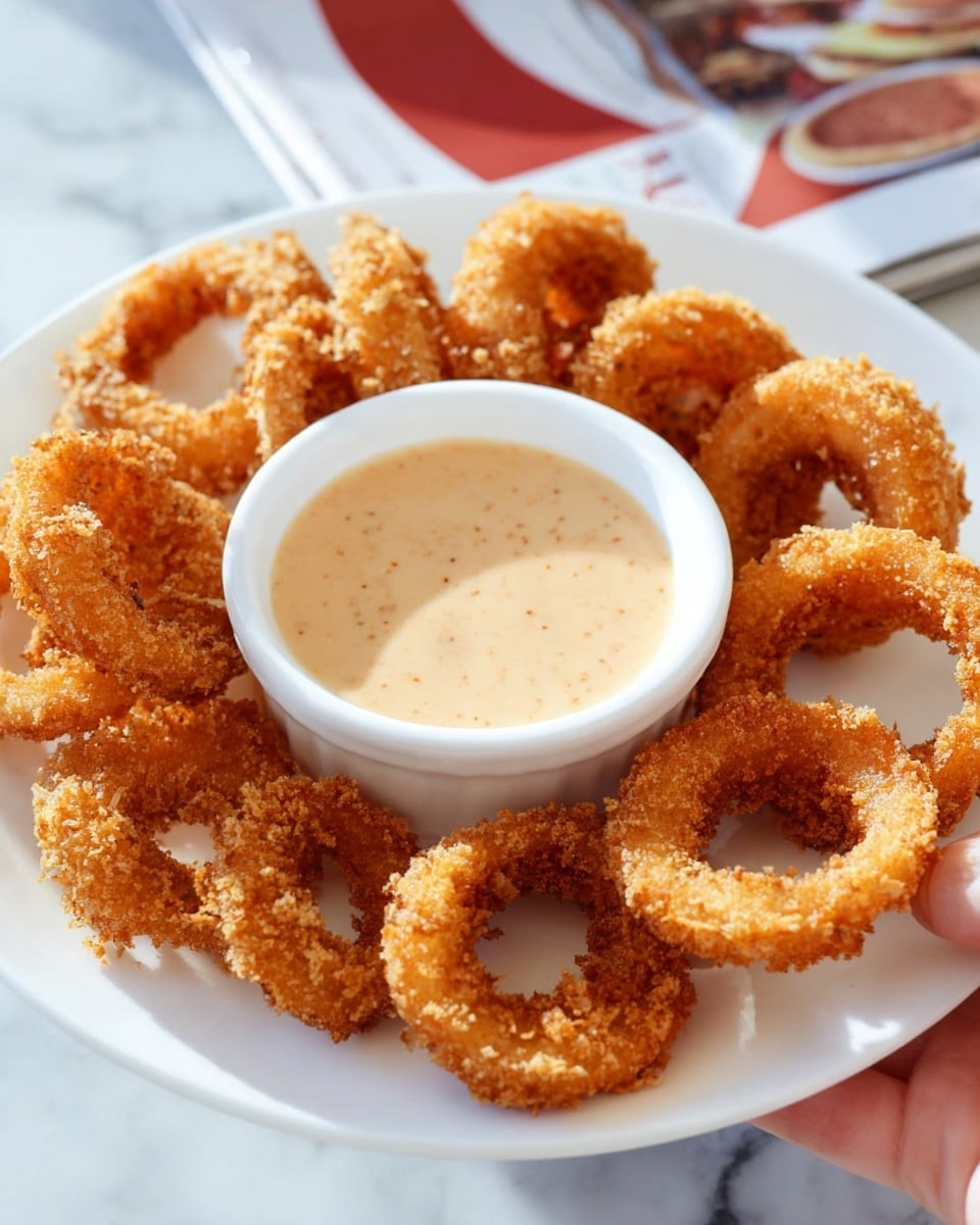 The image shows a white plate with a ring of golden-brown crispy onion rings arranged around a small white bowl filled with a creamy, light tan sauce that has tiny specks. The onion rings are thick and crunchy with a rough texture. The plate sits on a white marbled surface, and part of a woman's hand is visible holding a magazine in the background. photo taken with an iphone --ar 4:5 --v 7