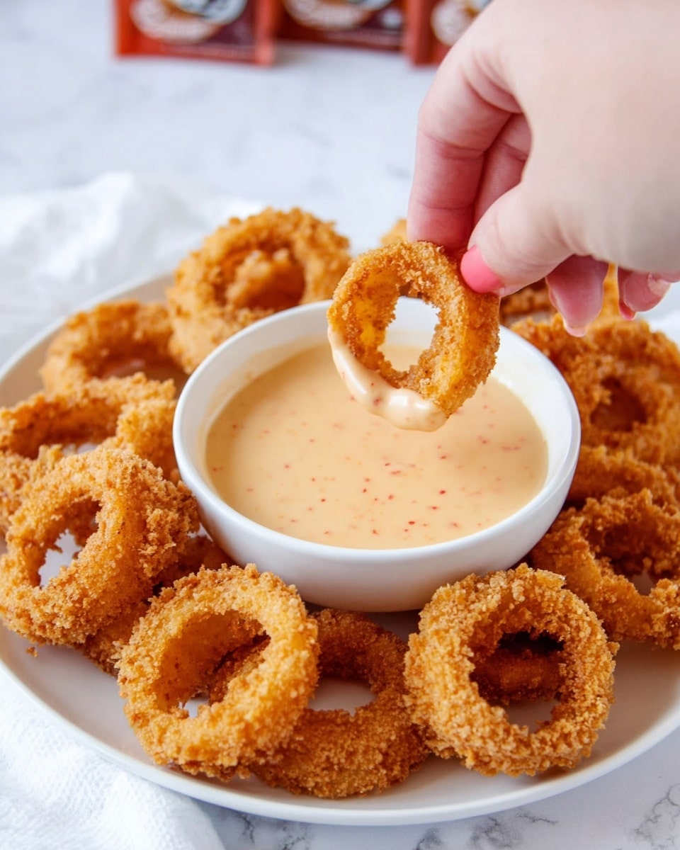 A white round plate is filled with a pile of golden-brown crispy onion rings, each ring showing a textured, crunchy coating. In the center of the plate sits a small white bowl filled with a creamy light orange dipping sauce speckled with tiny red dots. A woman's hand holds one onion ring just above the sauce, about to dip it in. The background features a white marbled surface with two sauce packets slightly blurred in the distance. photo taken with an iphone --ar 4:5 --v 7