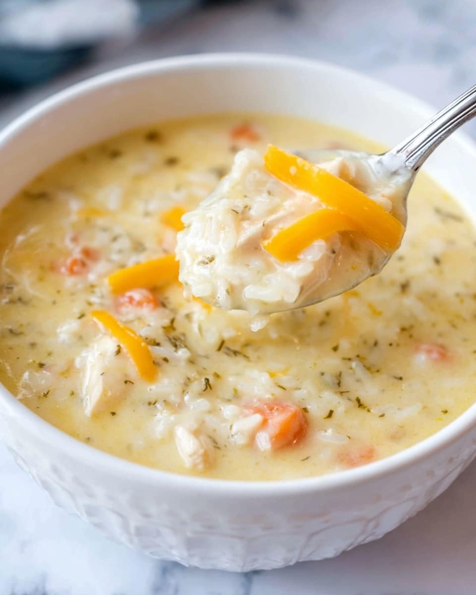 A white bowl filled with creamy chicken and rice soup shows a thick pale yellow base with small pieces of orange carrots and white rice mixed in. Thin bright orange cheese strips float on top, adding color. A spoon lifts a scoop of the soup, showing the smooth texture and chunks of chicken and vegetables inside. The bowl sits on a white marbled surface. Photo taken with an iphone --ar 4:5 --v 7
