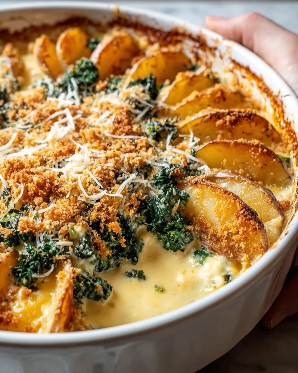 A close-up of a white round baking dish filled with a creamy layered casserole. The bottom layer is a smooth, light yellow cheese sauce mixed with bright green kale pieces. On top of the sauce, there are potato wedges with golden brown skins arranged in a circle around the dish. The top layer is a golden, crunchy breadcrumb crust sprinkled with some shredded white cheese. A woman's hand is holding the dish, showing part of the white marbled surface below. The edges of the dish are slightly browned from baking. photo taken with an iphone --ar 4:5 --v 7