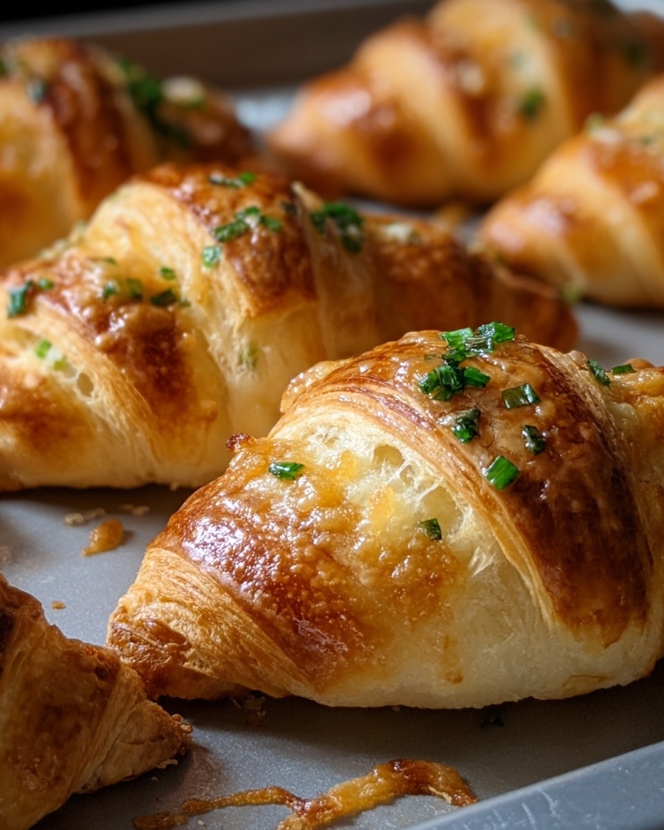 The image shows several golden-brown croissants with a shiny, flaky, and layered texture on the outside, each topped with small green herb pieces. The croissants have multiple thin layers that are light beige to golden in color, with some slightly crispy edges curling up around the tips. They rest on a baking tray, with a few melted spots of cheese or butter visible around them, adding a slightly bubbled and textured look. The close-up view highlights the soft, airy interior layers under the crispy outer shell. photo taken with an iphone --ar 4:5 --v 7