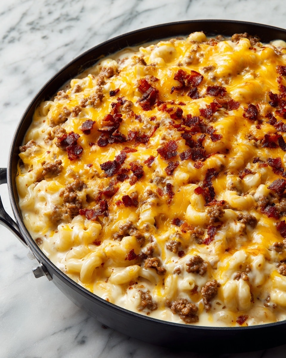A black pan holds a creamy macaroni and cheese dish with three main layers visible: the bottom layer is soft light yellow macaroni pasta covered in a smooth, rich white cheese sauce; the middle layer has small browned ground meat pieces scattered evenly throughout; the top layer features a golden melted cheddar cheese with crisp, dark brown bacon pieces sprinkled on top, adding texture and color contrast. The pan sits on a white marbled surface. Photo taken with an iphone --ar 4:5 --v 7