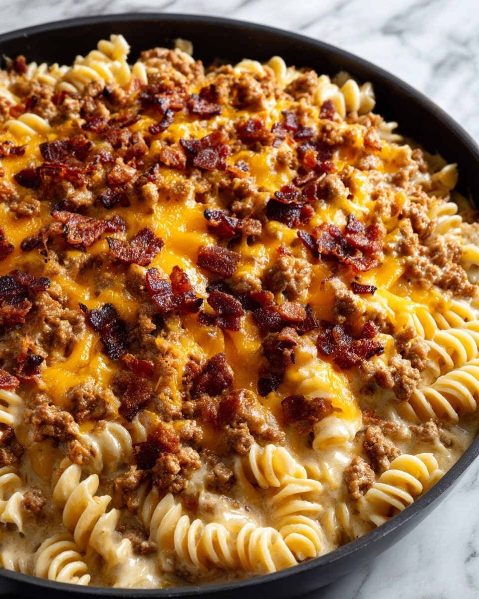 A close-up view of a cheesy pasta dish in a black pan, showing two main layers: a creamy, light yellow cheese sauce coating curly pasta shapes on the bottom, and a topping of cooked, crumbly brown ground meat mixed evenly with melted golden-orange cheddar cheese. Small crispy, dark reddish-brown bacon pieces are scattered on top, creating a textured and colorful contrast. The background is a white marbled surface. Photo taken with an iphone --ar 4:5 --v 7