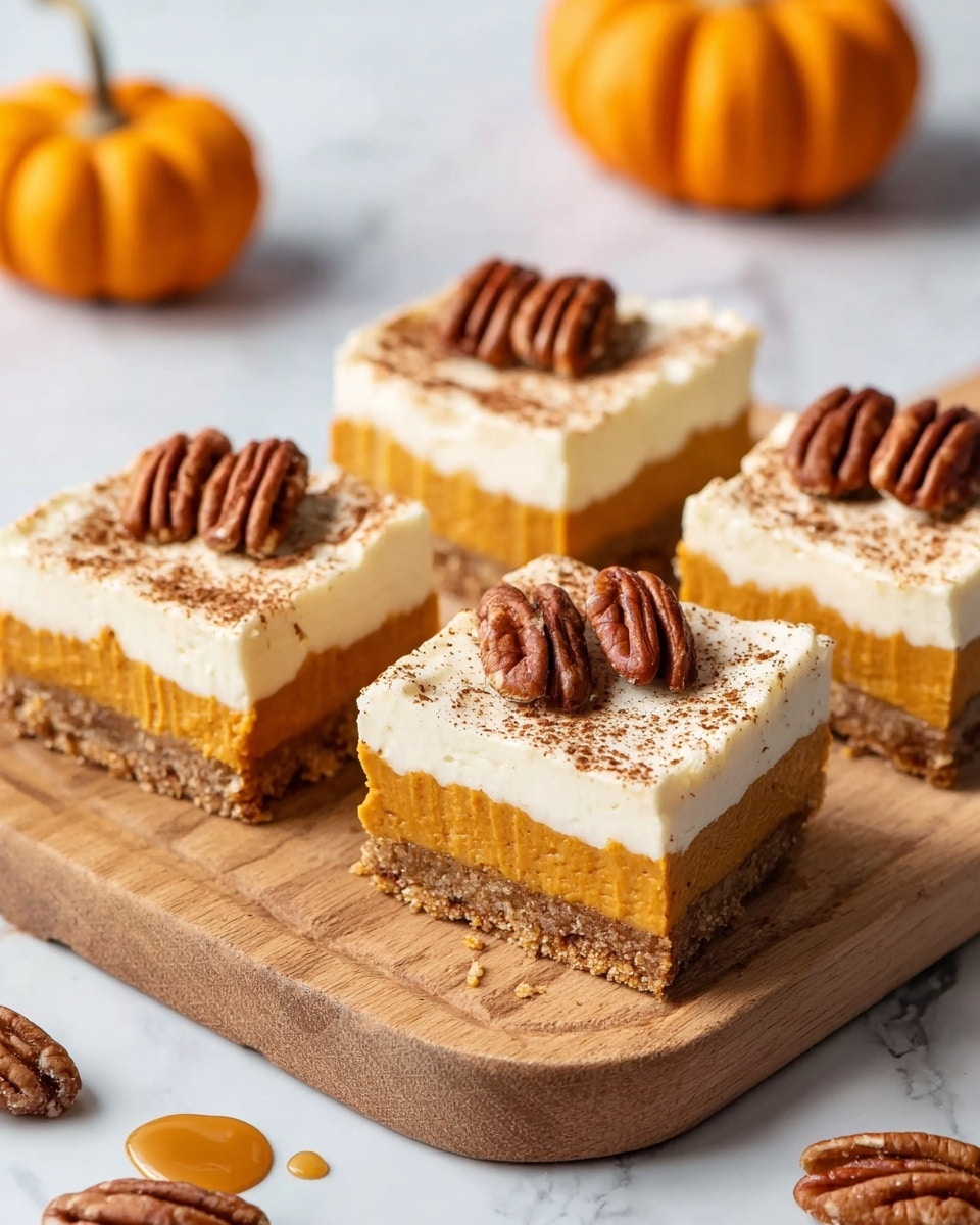 Four square pieces of pumpkin dessert rest on a wooden cutting board, each piece showing three clear layers: a bottom crumbly light brown crust, a thick middle layer of bright orange pumpkin filling, and a top creamy white layer dusted with brown spice powder. Each square is decorated with two to three whole pecans placed on the white cream. In the background, a small pumpkin and some drops of caramel sauce are visible on a white marbled surface. photo taken with an iphone --ar 4:5 --v 7