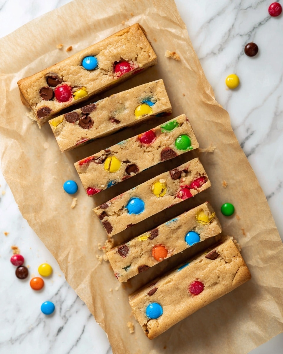The image shows a stack of three thick, rectangular bars of cookie dough with colorful M&M candies embedded throughout. The top bar has a slightly crumbled corner revealing the dense, soft texture inside, while the M&Ms in bright red, blue, green, yellow, and orange colors are scattered both inside the dough and on the surface. The bars rest on parchment paper on a white marbled surface. A few loose M&Ms lie near the bottom of the stack, adding a pop of color and playfulness, the focus is sharp on the nearest bar and softens towards the back giving depth to the image. photo taken with an iphone --ar 4:5 --v 7