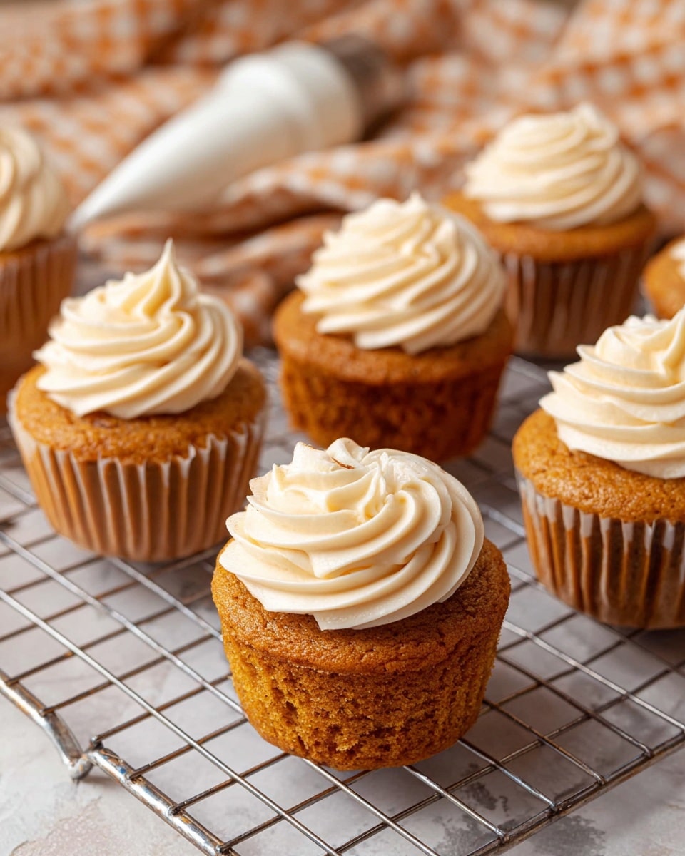 The image shows a group of orange-brown cupcakes with a cracked, soft texture on top, placed on a metal cooling rack over a white marbled surface. Some cupcakes have one layer, which is the golden cake base, while others have two layers, with a swirl of light beige, creamy frosting on top. The frosting is piped in tall, smooth spirals with a glossy and soft appearance. A white piping bag with a metal tip is visible in the background, suggesting more frosting is ready to be added. The setting includes a beige and brown checkered cloth, adding a cozy touch. photo taken with an iphone --ar 4:5 --v 7