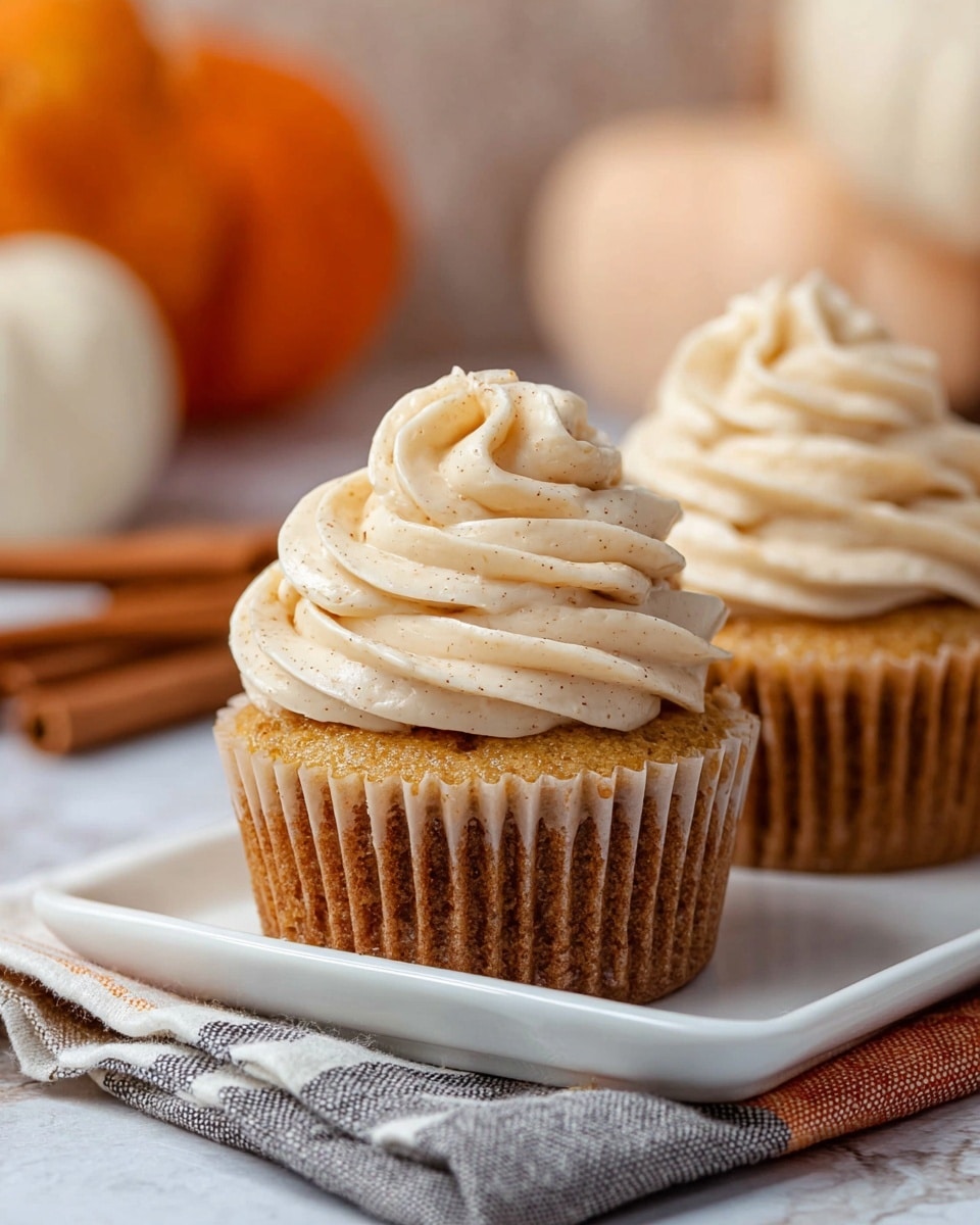 A close-up view of two cupcakes on a white rectangular plate placed on a cloth with gray, white, and orange stripes over a white marbled surface. Each cupcake has one layer of golden-brown cake with a slightly textured surface held in a light brown paper liner. The top of each cupcake has a thick, creamy swirl of light beige frosting with visible tiny specks, creating a soft textured look. The background is blurred with soft colors, including pale orange and white pumpkins and cinnamon sticks. Photo taken with an iphone --ar 4:5 --v 7