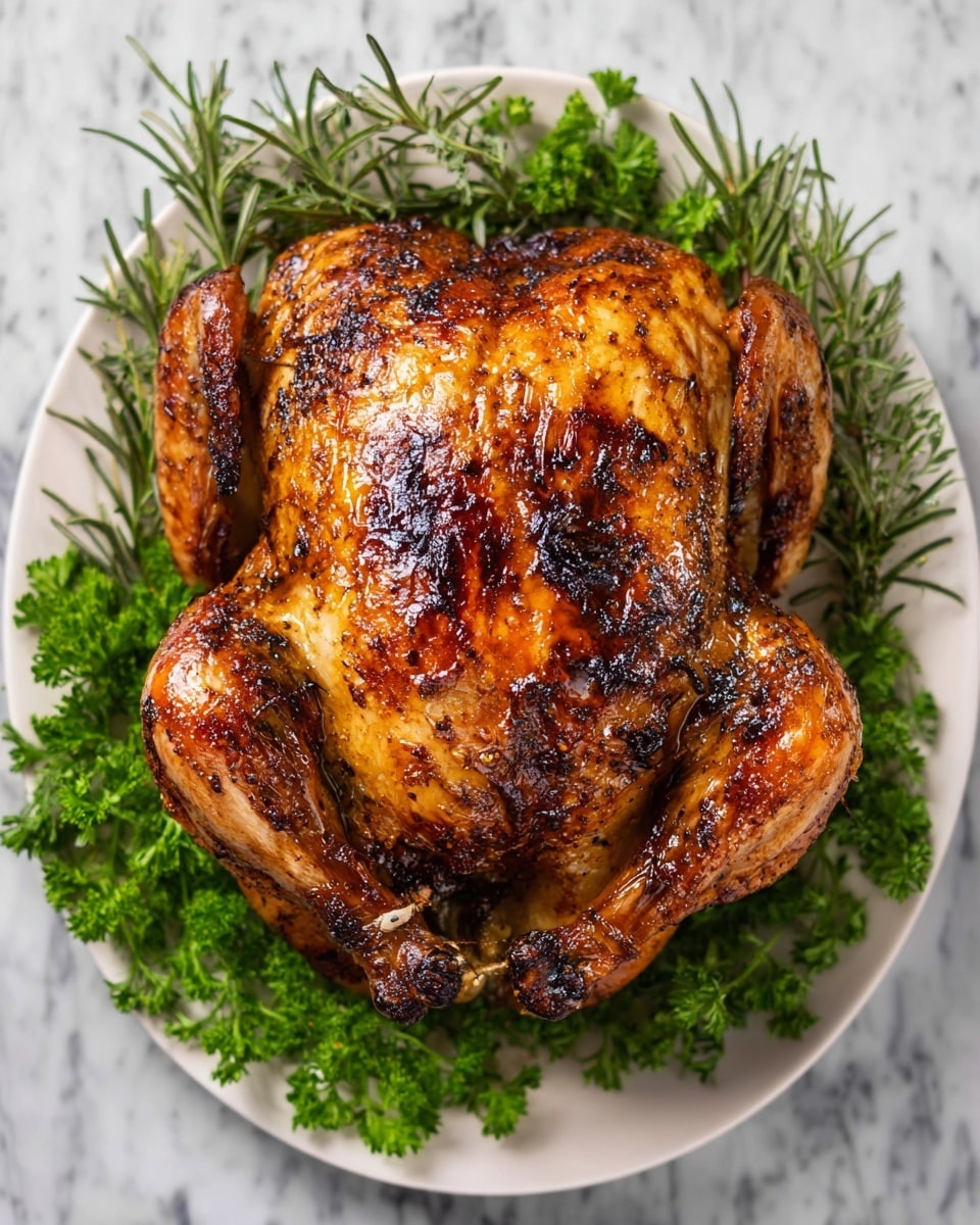 A whole roasted chicken with a crispy, golden-brown skin evenly charred with blackened spots is placed in the center of a white oval plate. The chicken sits on a bed of fresh green herbs with sprigs of rosemary and thyme arranged around the edges of the plate, along with some curly parsley near the bottom. The white plate contrasts nicely with the rich, dark colors of the chicken and herbs. The background has a white marbled texture. photo taken with an iphone --ar 4:5 --v 7