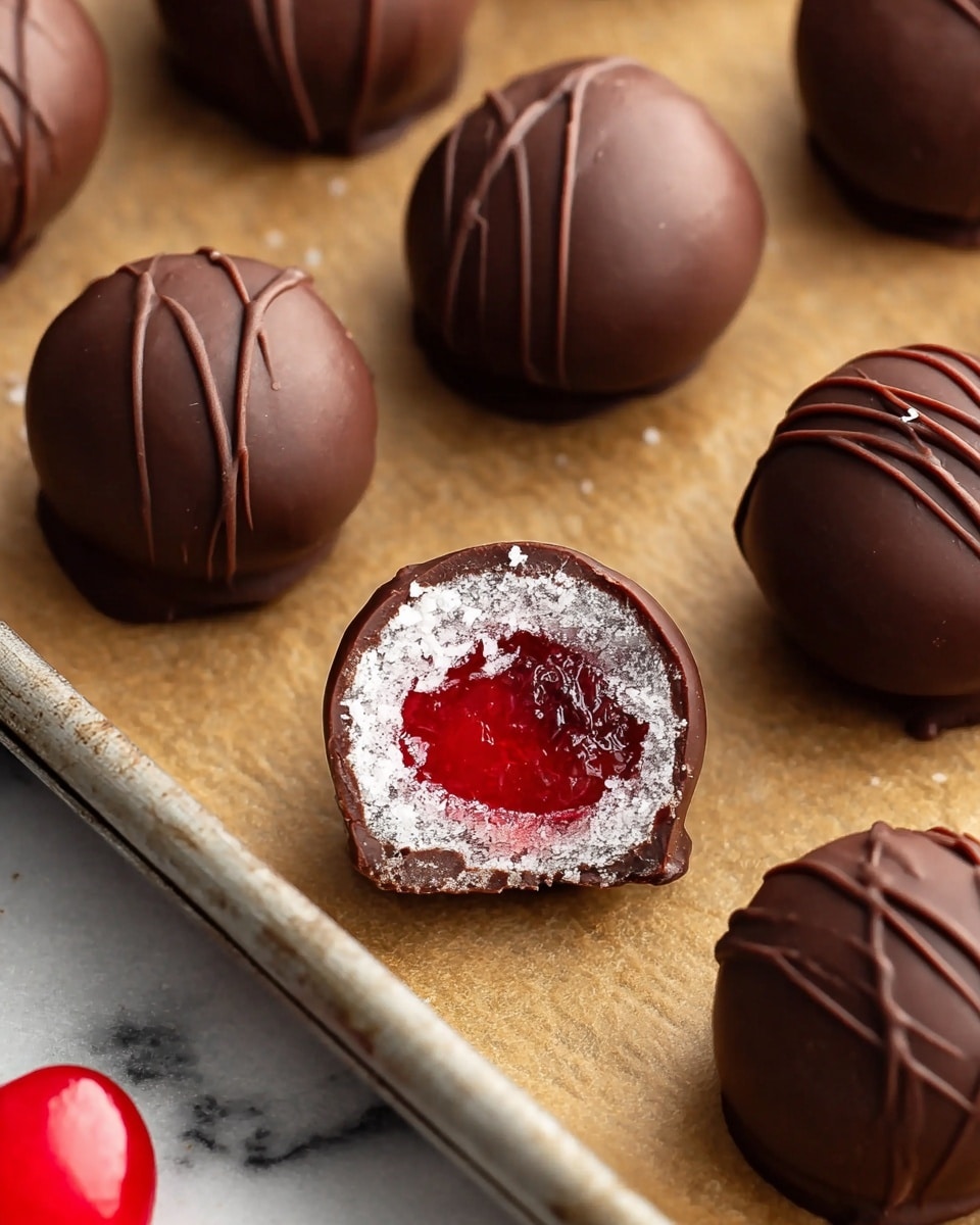 The image shows round chocolate-covered cherries on brown parchment paper placed on a baking tray, with one cherry cut open in the center revealing a bright red, glossy cherry filling surrounded by a white sugary layer inside the smooth, dark brown chocolate shell. The whole cherries have a polished surface with thin chocolate lines drizzled over them. The background below the tray has a white marbled texture with a glimpse of a shiny red cherry visible in the corner. photo taken with an iphone --ar 4:5 --v 7