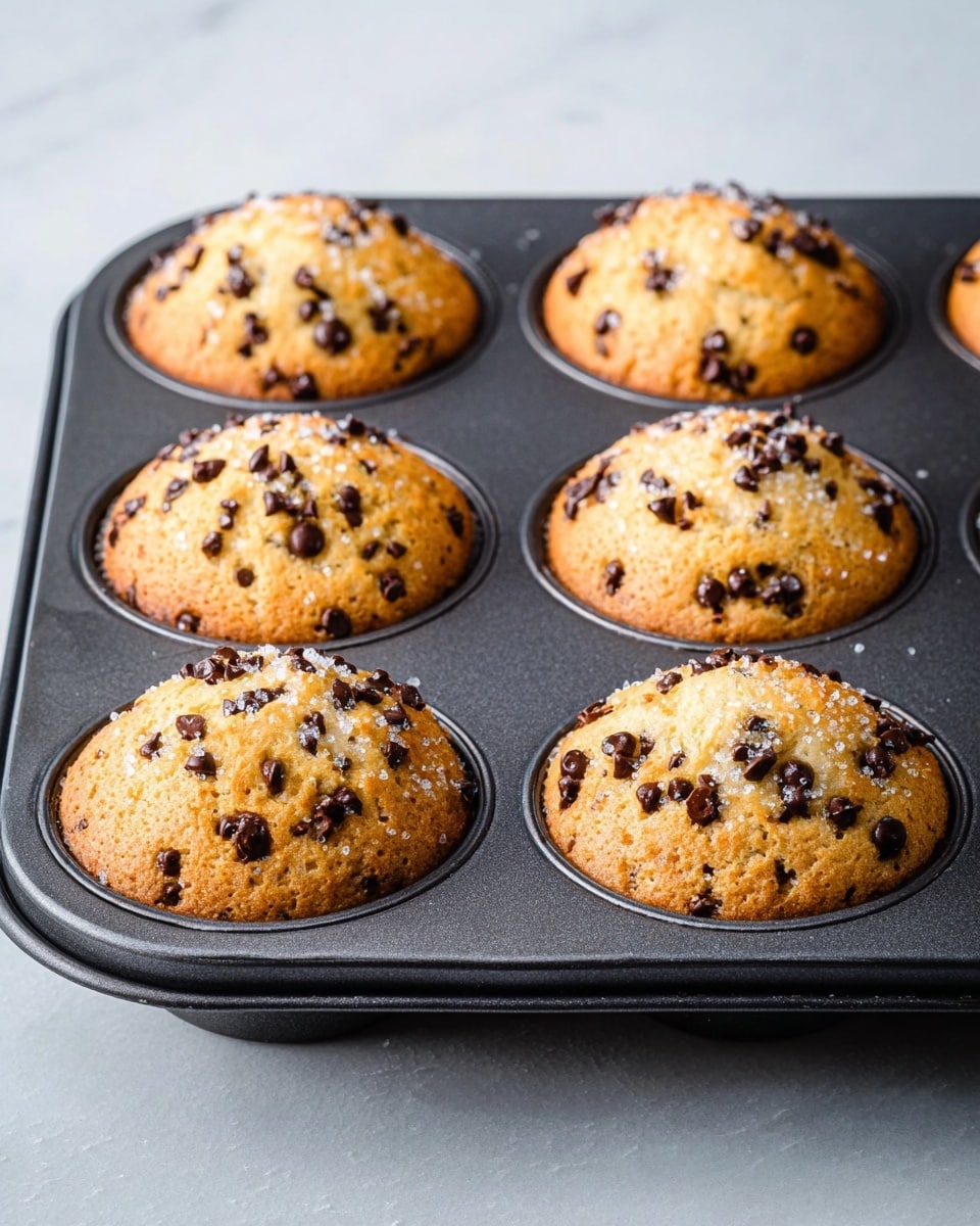 The image shows a black muffin tray containing six freshly baked muffins with golden brown tops. Each muffin is domed and textured, sprinkled generously with small dark brown chocolate chips spread all over the surface and slightly melted into the top. The muffins have a crumbly appearance with a light sugary coating sparkling under the light. The tray is placed on a white marbled surface, adding a clean and bright contrast to the warm tones of the muffins. Photo taken with an iphone --ar 4:5 --v 7