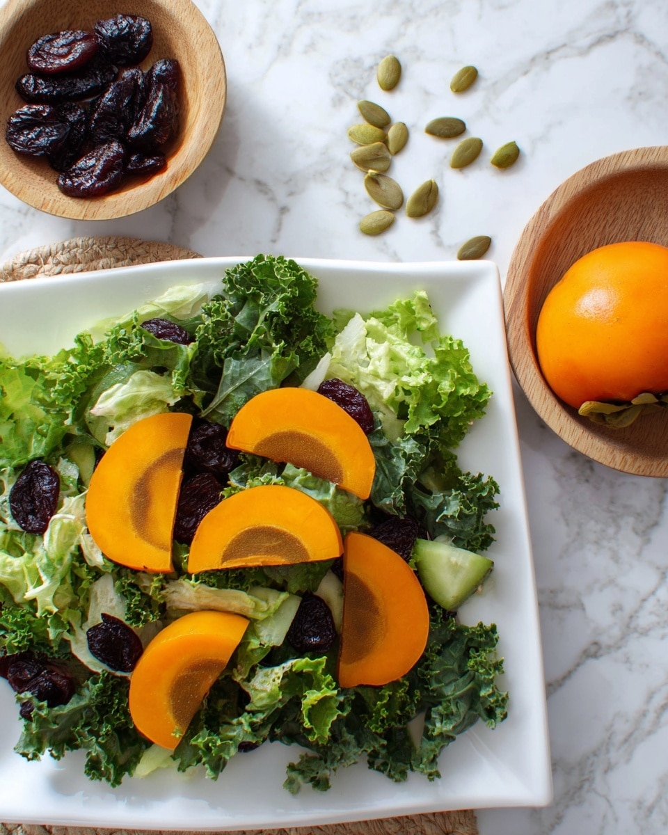 A fresh salad is shown on a white square plate resting on a white marbled surface. The salad has two main layers: the bottom layer is made of bright green leafy lettuce and curly kale with a rough texture, and the top layer has thin, smooth slices of orange persimmon and dark dried berries scattered around. There are also some small green pumpkin seeds sprinkled on top. To the right of the plate is a glass jar filled halfway with a yellowish, translucent salad dressing that has a slightly oily texture. In the bottom left corner, a black bowl filled with pumpkin seeds is partially visible. Photo taken with an iphone --ar 4:5 --v 7