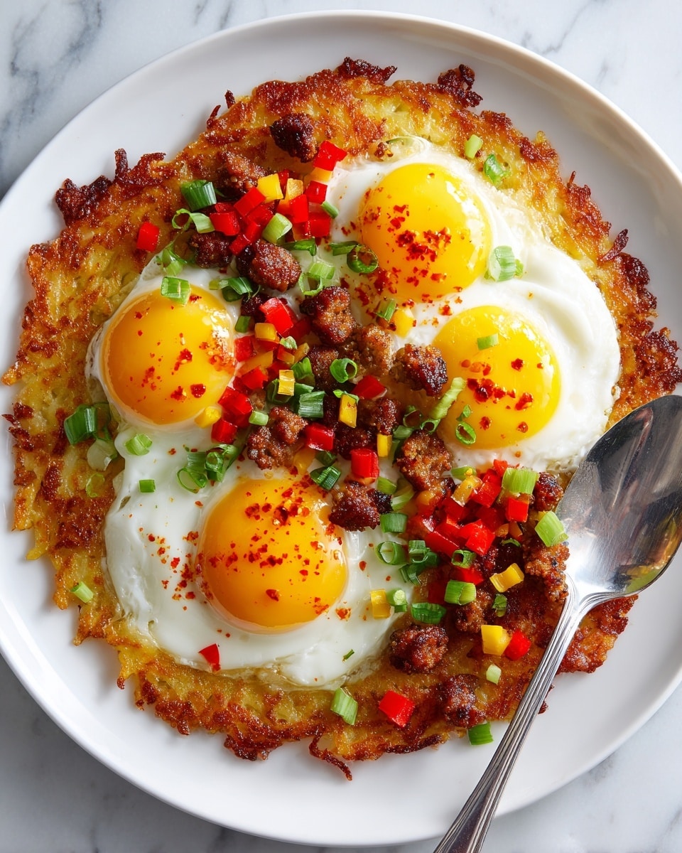 A white plate holds a round, crispy golden-brown hash brown base with slightly darker edges. On top of this base, there are three sunny-side-up eggs with bright yellow yolks and glossy white edges, each sprinkled lightly with a red spice. Scattered over and around the eggs are small crumbles of browned sausage, diced red and yellow bell peppers, and finely chopped green onions, adding vibrant pops of green, red, and yellow color. A silver fork and spoon rest on the right side of the plate. The plate sits on a white marbled surface. photo taken with an iphone --ar 4:5 --v 7