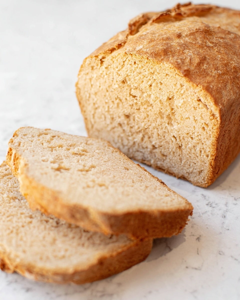 The image shows a loaf of light brown bread with three slices cut and placed in front of it. The bread has a rough and crumbly texture with a golden-brown crust that is slightly uneven at the top. The inside of the bread is soft and porous, featuring a pale beige color. The background is a white marbled texture, giving the whole image a clean and simple look. photo taken with an iphone --ar 4:5 --v 7