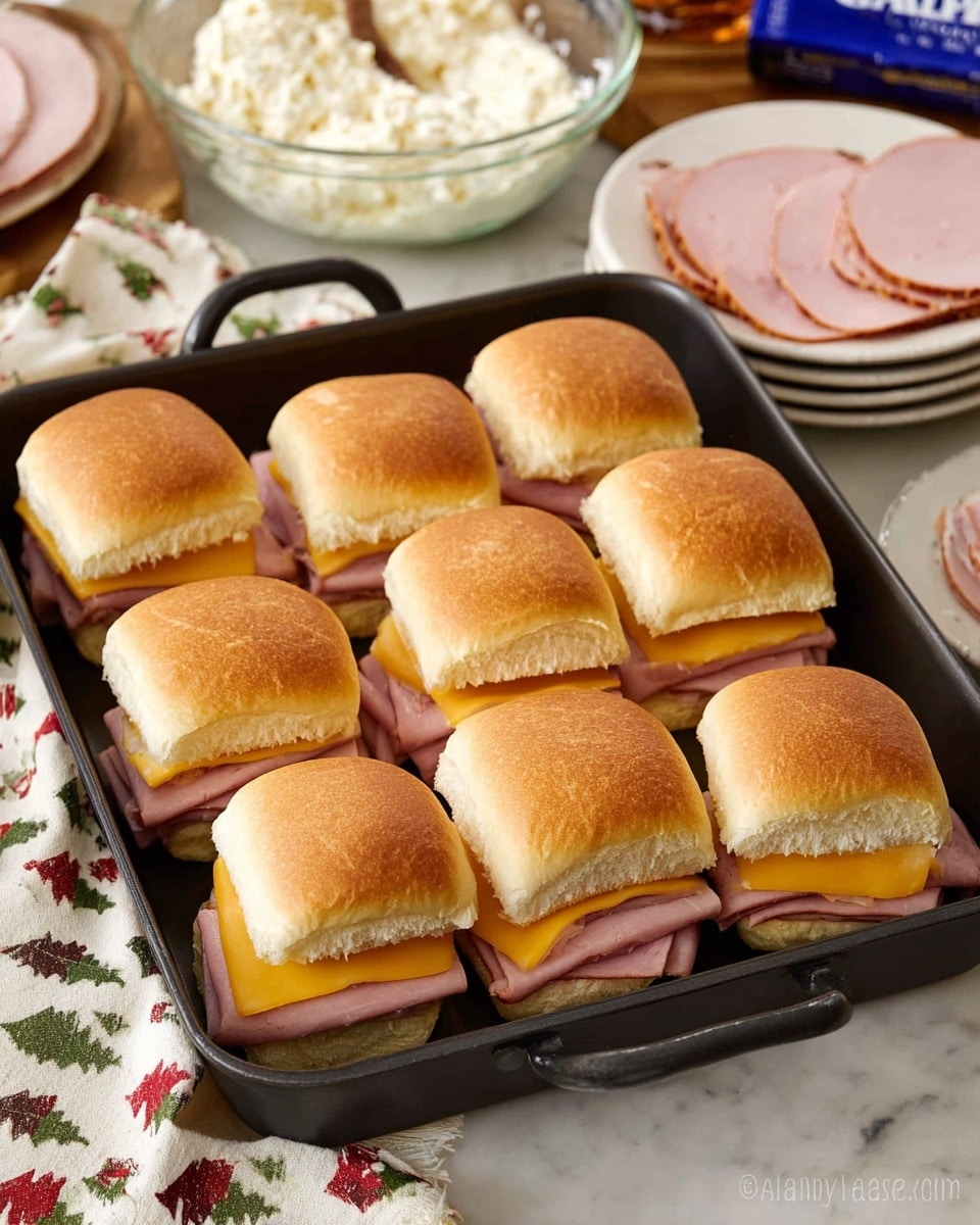 The image shows twelve baked sandwiches arranged in a black rectangular pan. Each sandwich has a soft, golden-brown top bun with a smooth texture and appears slightly shiny. Below the bun, there are layers of thinly sliced pink ham and melted creamy yellow cheese visible around the edges. The sandwiches are placed closely together in three rows of four. In the background, there is a clear bowl filled with a white creamy mixture with some small brown bits, a stack of white plates, pink slices of ham on a white plate, and a packaged ham. The setup rests on a white marbled textured surface with a white cloth decorated with small green, red, and brown tree patterns nearby. Photo taken with an iphone --ar 4:5 --v 7