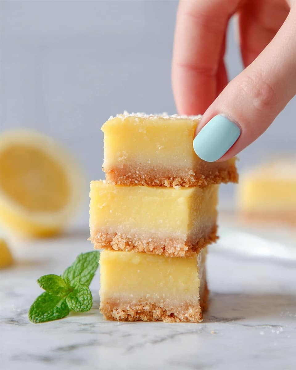 The image shows a close-up of lemon bars cut into neat squares arranged in three rows on a cooling rack lined with parchment paper. Each bar has two layers: the bottom layer is a crumbly, golden-brown crust with a rough texture, thick enough to form a sturdy base, while the top layer is a smooth, pale yellow lemon filling with a glossy surface. The bars are set against a white marbled background with fresh green mint leaves and lemon wedges placed nearby, adding a pop of color. Photo taken with an iphone --ar 4:5 --v 7