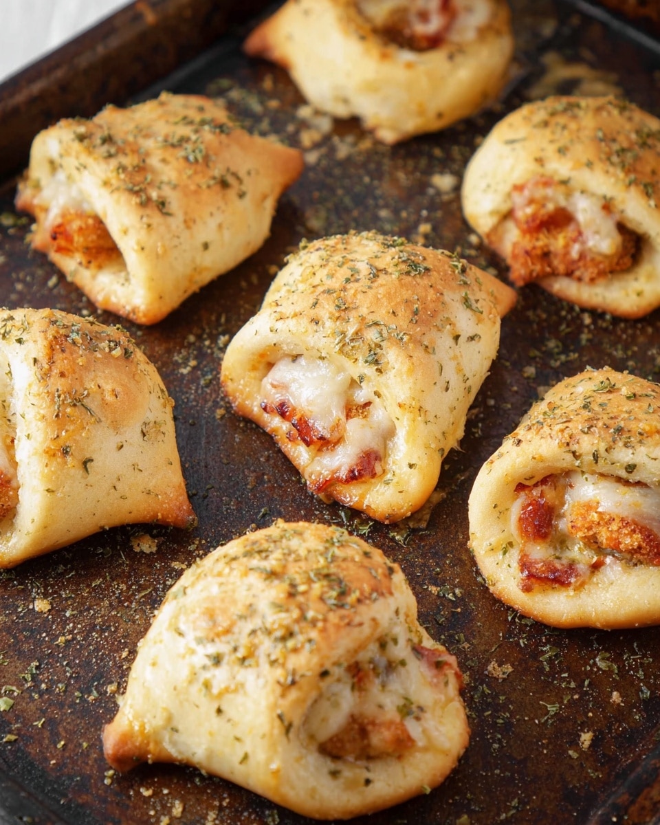 The image shows seven small baked rolls on a dark, textured baking tray, each roll wrapped in a golden-brown dough layer with a slightly crispy texture. Inside each roll, there is a visible layer of breaded and fried filling with a reddish tint, possibly chicken or meat, topped with melted white cheese. The dough wrapping is sprinkled with small green dried herb flakes, adding a touch of color and texture contrast to the smooth dough surface. The rolls are unevenly spaced and slightly irregular in shape, emphasizing their homemade look. photo taken with an iphone --ar 4:5 --v 7
