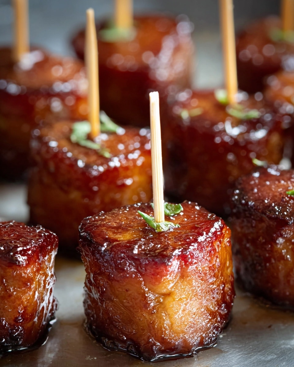 The image shows several small round pieces of sausage, each wrapped in bacon and cooked to a shiny, caramelized brown color, arranged closely together in a pan with visible oil. Each piece is pierced in the center by a small wooden toothpick, and a tiny green herb leaf is placed on top of some pieces. The sausages have a glistening, slightly sticky surface from the glaze or sauce coating them. The background is changed to a white marbled texture. photo taken with an iphone --ar 4:5 --v 7