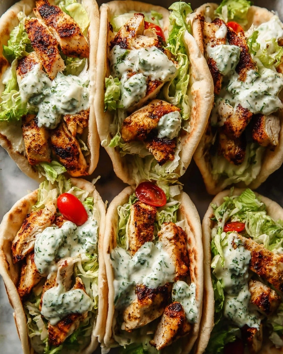 Six chicken pita sandwiches are packed closely together on a white marbled surface. Each pita acts as a soft, light beige pocket holding three main layers: the bottom layer is shredded green lettuce, middle layer consists of several golden brown, slightly charred grilled chicken pieces with a textured surface, and the top layer is a light greenish-white creamy sauce with tiny green herb bits drizzled over the chicken. Some sandwiches have small red cherry tomato halves peek through the lettuce. The overall look is fresh, colorful, and inviting. photo taken with an iphone --ar 4:5 --v 7