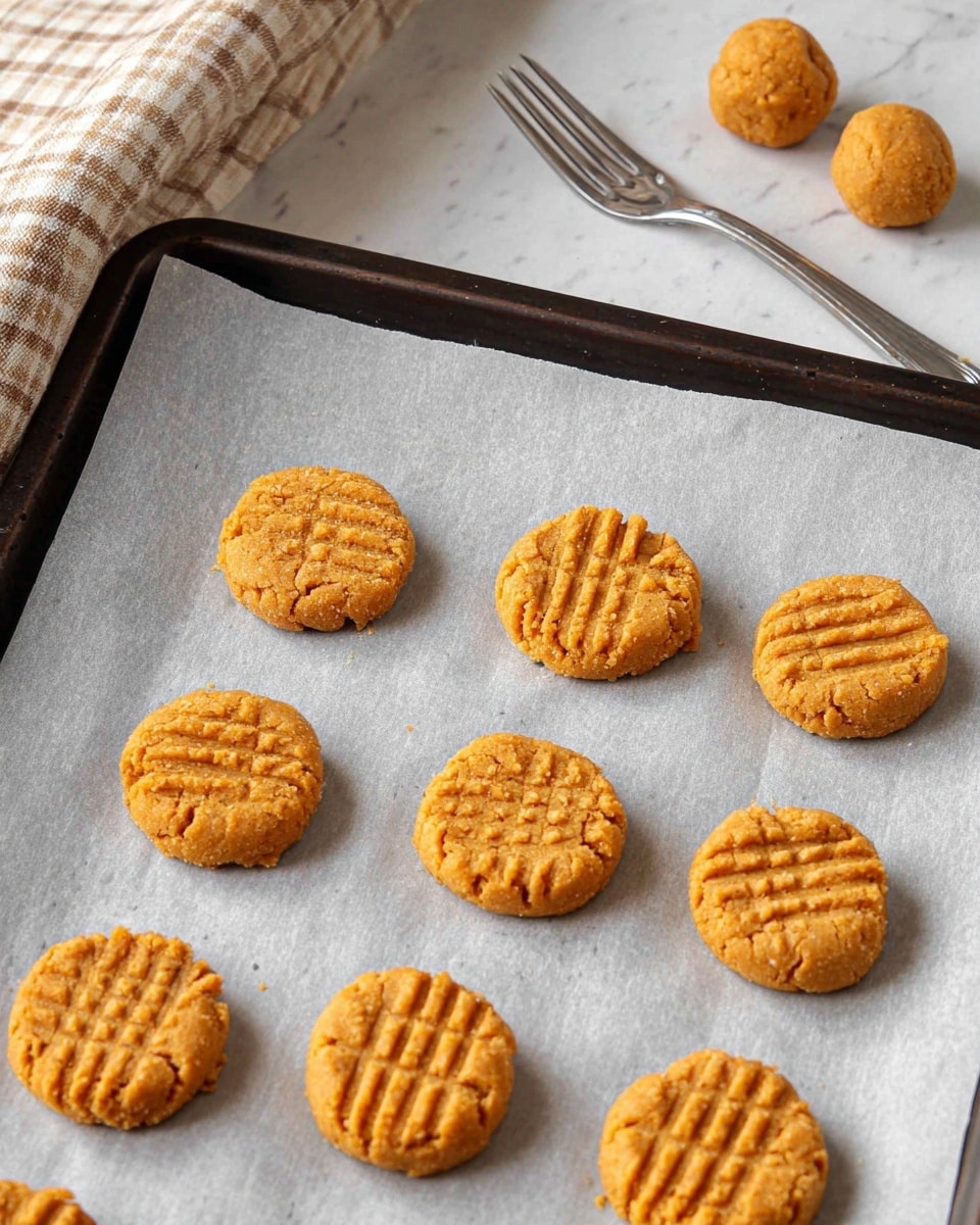 The image shows a baking tray lined with light gray parchment paper on a white marbled surface. On the tray, there are several golden-brown cookie dough pieces, mostly flattened into round shapes with a crisscross fork pattern pressed into the top, while two at the top remain as round dough balls without flattening or patterns. To the side, a silver fork rests on the white marbled surface. The cookies have a rough texture with visible small granules in the dough. photo taken with an iphone --ar 4:5 --v 7