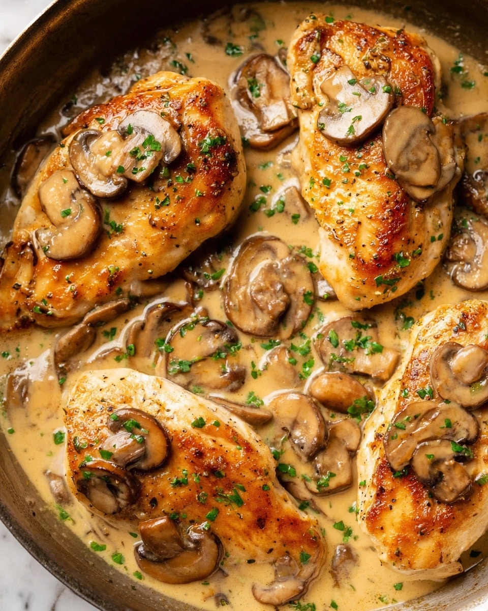 The image shows four cooked chicken breasts with a golden-brown color on top, placed close together in a pan. Each chicken breast is covered with a creamy light brown mushroom sauce that pools around the edges. The sauce contains sliced brown mushrooms scattered on and around the chicken. Small green bits of chopped herbs are sprinkled across the dish, adding a touch of color contrast. The textures show the smooth sauce, tender mushrooms, and slightly crispy chicken skin. The background is a white marbled texture. photo taken with an iphone --ar 4:5 --v 7